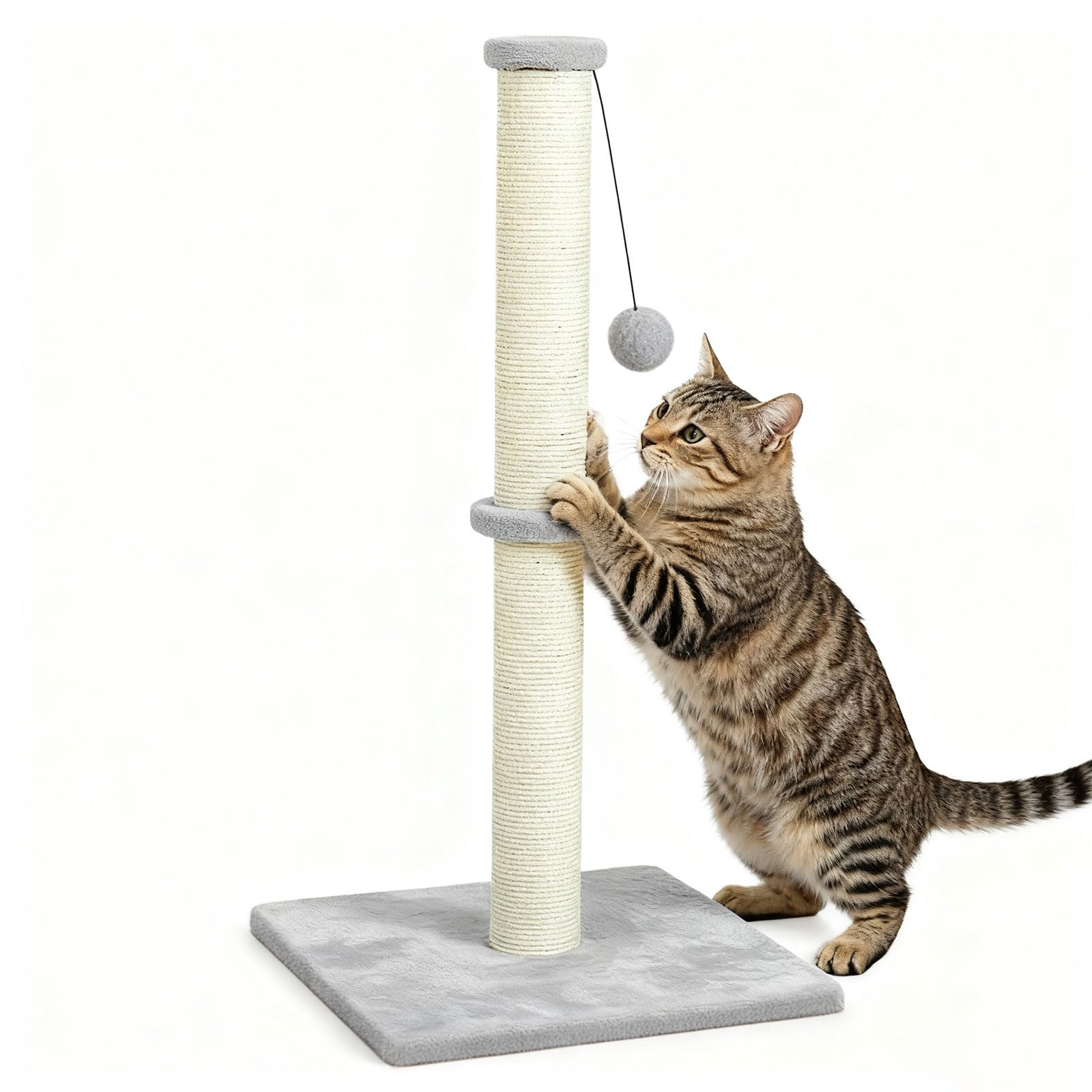 74cm Cat Scratching Post, Tall Scratch Post Claw Scratcher for Large Cats with Teasing Hanging Ball, Natural Sisal Rope Scratch Pole, Plush Toy, Stable Base (Grey)