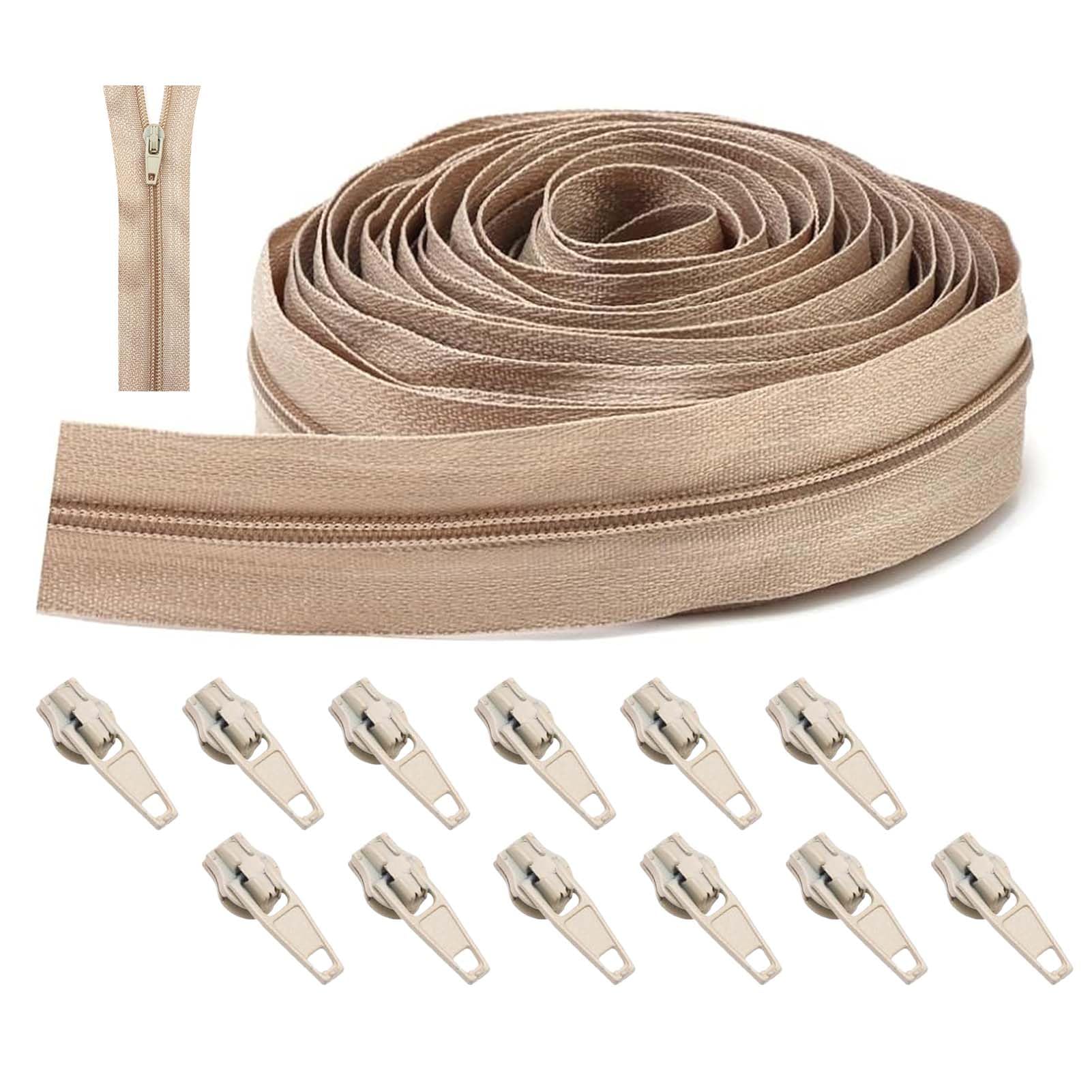 Tweozek Beige Zips For Sewing, Continuous Zip Repair 5M Zipper Size 3 Yard Bulk Zippers For Sewing With 12 Sliders Long Zip, Heavy Duty Trimmable On Roll No.3 Pullers For Diy Sewing Tailor Craft Bag