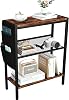 Yusong Small Narrow Side Table for Small Spaces, Slim End Table with Storage Bag, Sofa Snack Table with Adjustable Metal Mesh, 3 Tier Accent Skinny Beside Table for Living Room & Bedroom, Rustic Brown