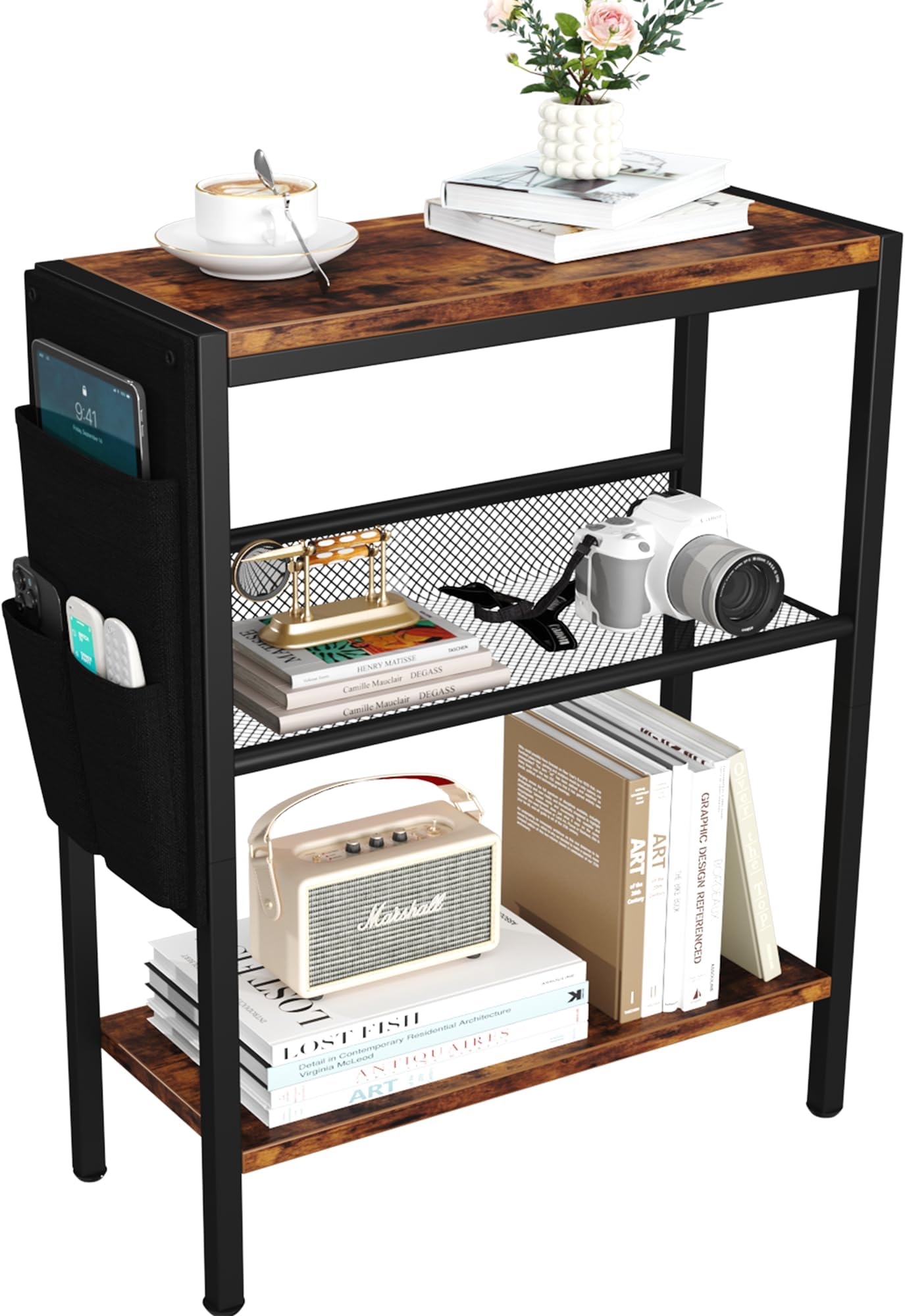 Yusong Small Narrow Side Table for Small Spaces, Slim End Table with Storage Bag, Sofa Snack Table with Adjustable Metal Mesh, 3 Tier Accent Skinny Beside Table for Living Room & Bedroom, Rustic Brown