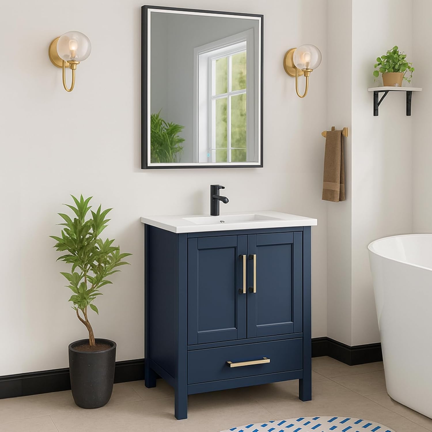 Bathroom Vanity with Top and Sink, LED Bathroom Mirror Combo, Pre-assembly PVC Bathroom Vanity Blue Shaker, Cabinet 23"W x 34 1/4"H x 21"D (2 Doors and 1 Drawer, Undersink, LED Framed Mirror)