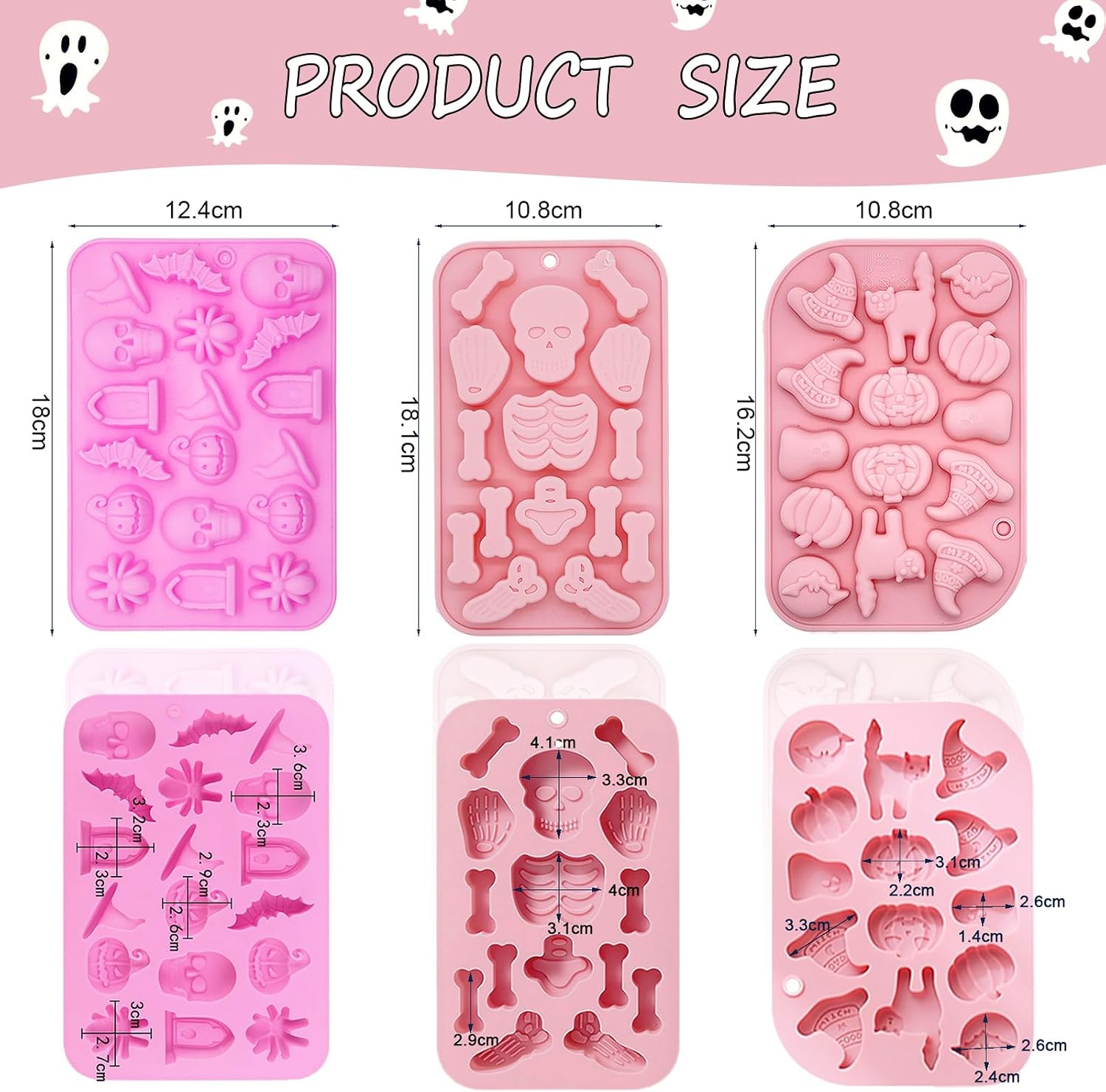 Halloween Silicone Molds For Baking,3 Pack Halloween Chocolate Candy Molds Wiith Pumpkin Skull Skeleton Ghost Bat Silicone Mold for Ice Candle Soap Cake Cupcake Topper Decorating image 2