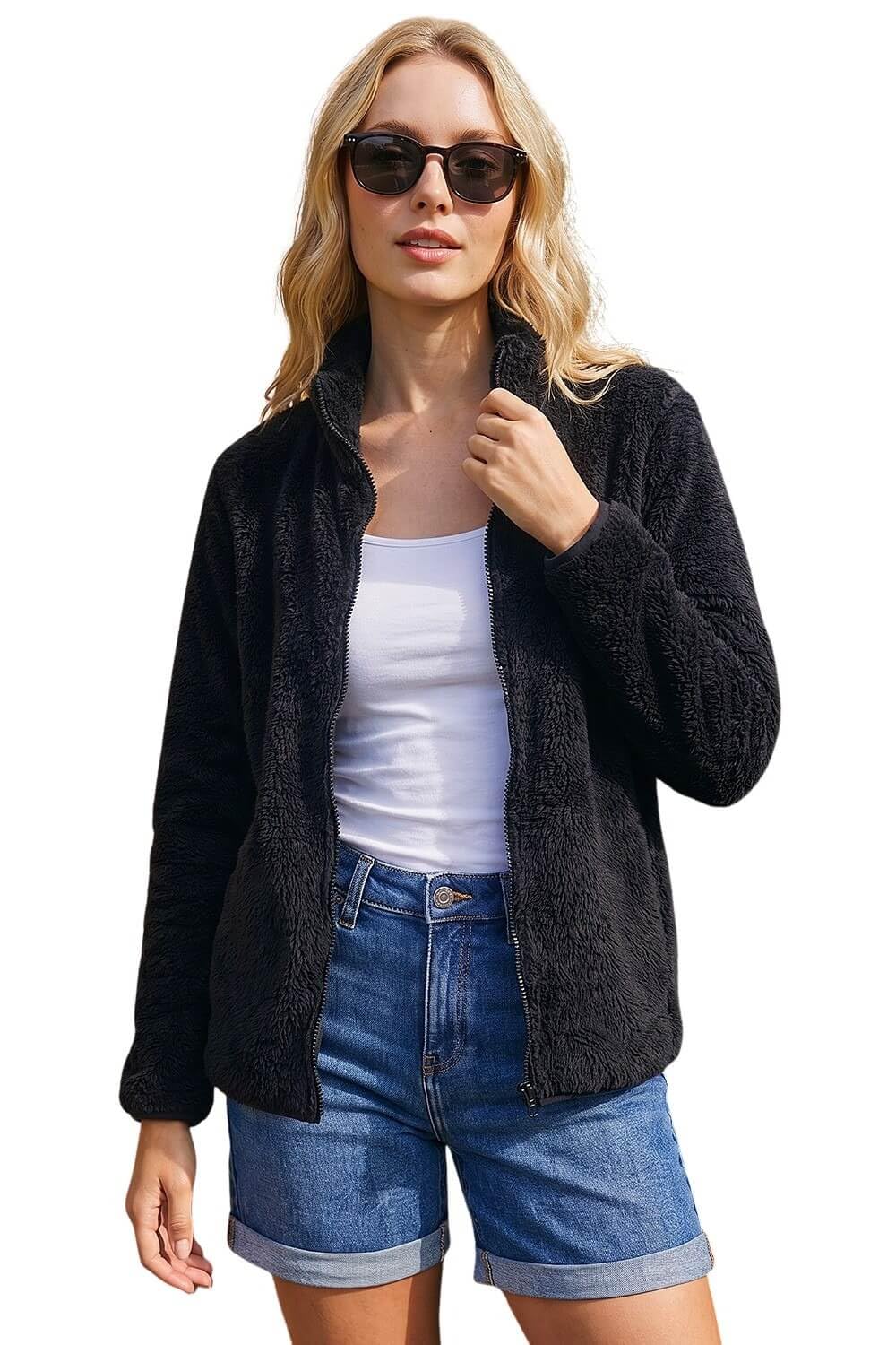 Roman Originals Women's Black Soft Sherpa Fleece Jacket For Uk - Autumn Everyday Winter Holiday Pull-On Comfy Soft Vacation Work Teddy Coat - Size Xl