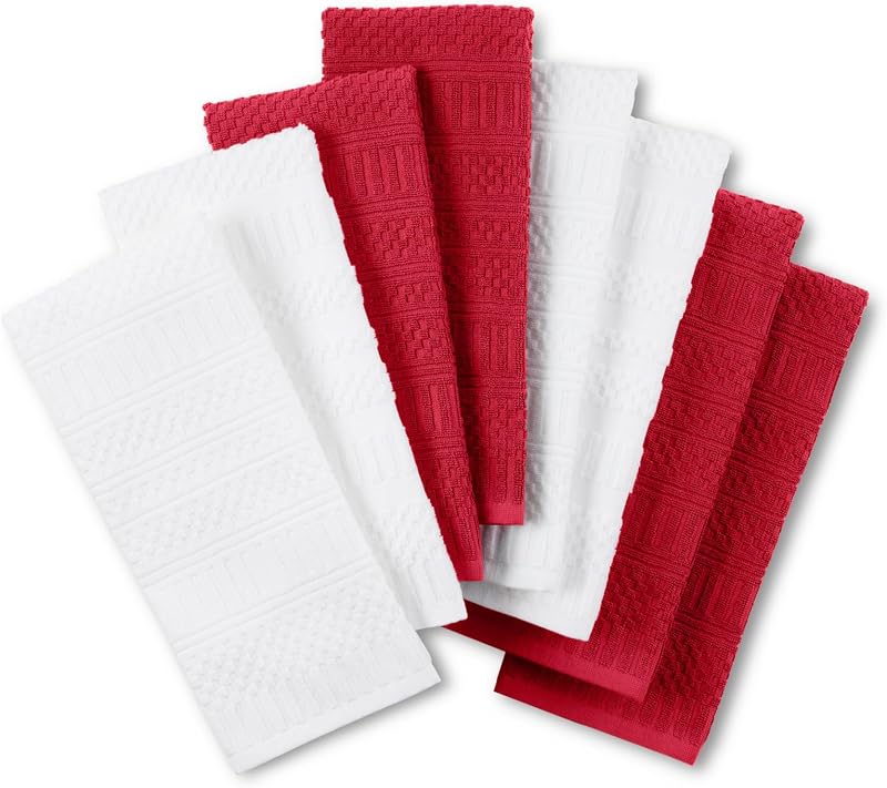 KitchenAid Cotton Classics - Paños de cocina sólidos texturizados, paquete de 8, absorbentes 100% algodón, rojo pasión/blanco, 17 x 28 pulgadas