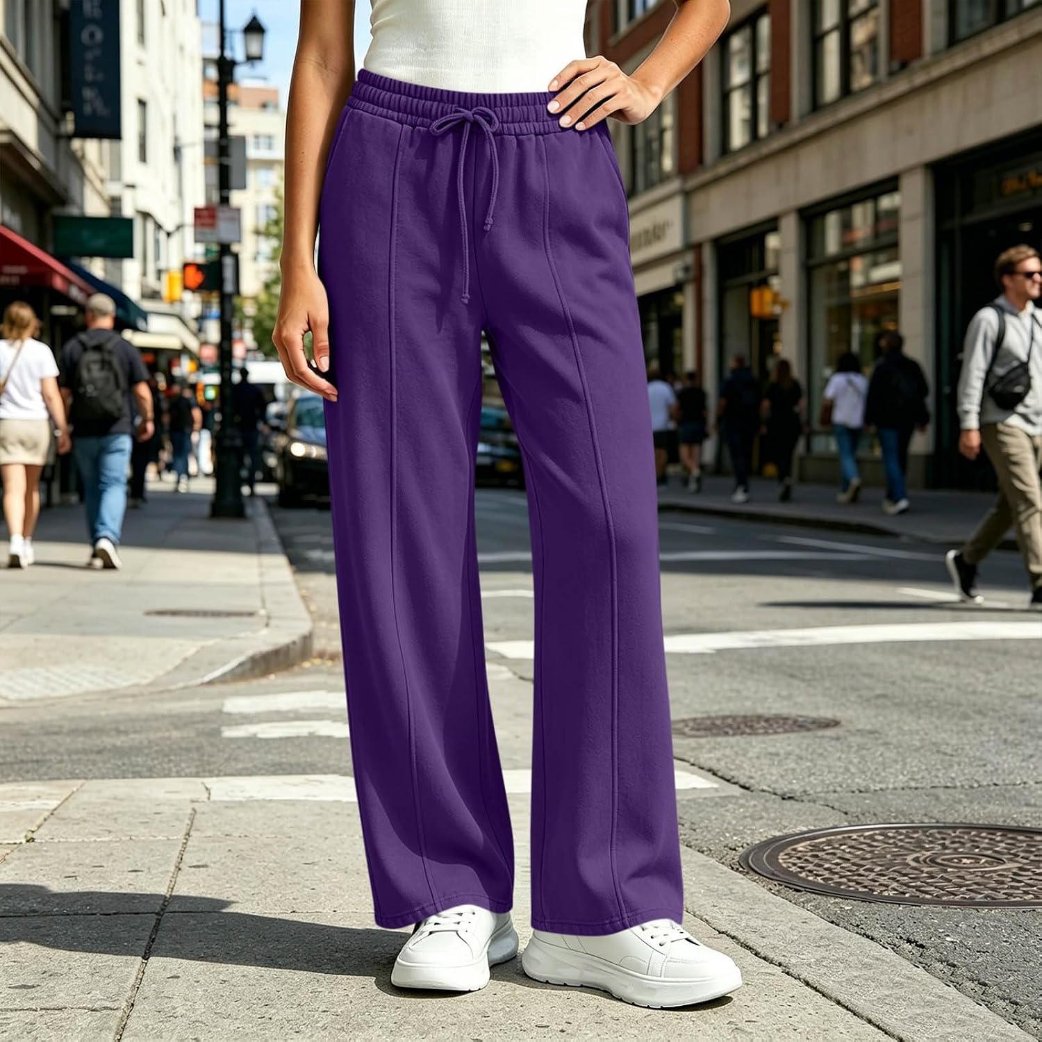 Womens Wide Leg Sweatpants High Waisted Baggy Casual Solid Fall Winter Pants Fashion Drawstring Athletic Trousers