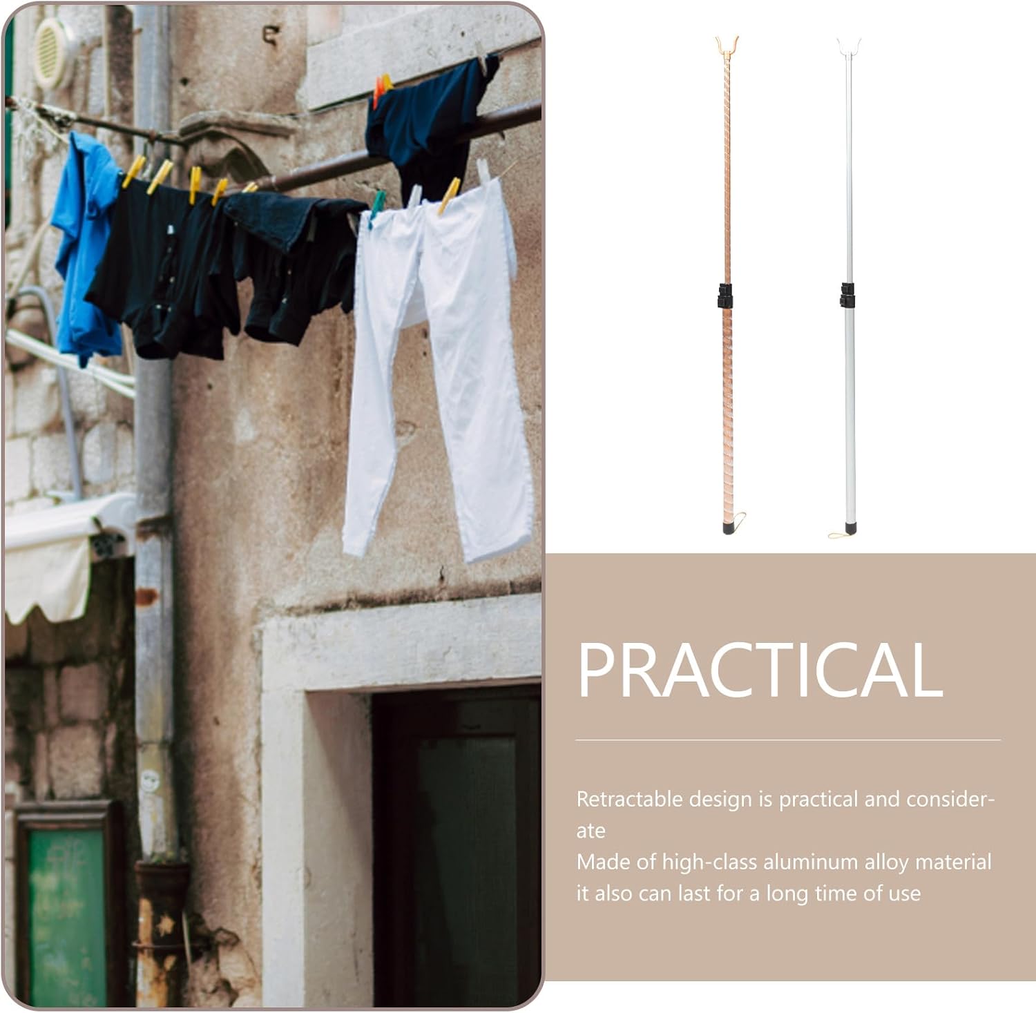 2Pcs Retractable Aluminum Alloy Clothes Pole Telescopic Laundry Reaching Tool Lightweight Clothing Fork Rods for Easy Drying and Hanging Clothes Matte Patterned
