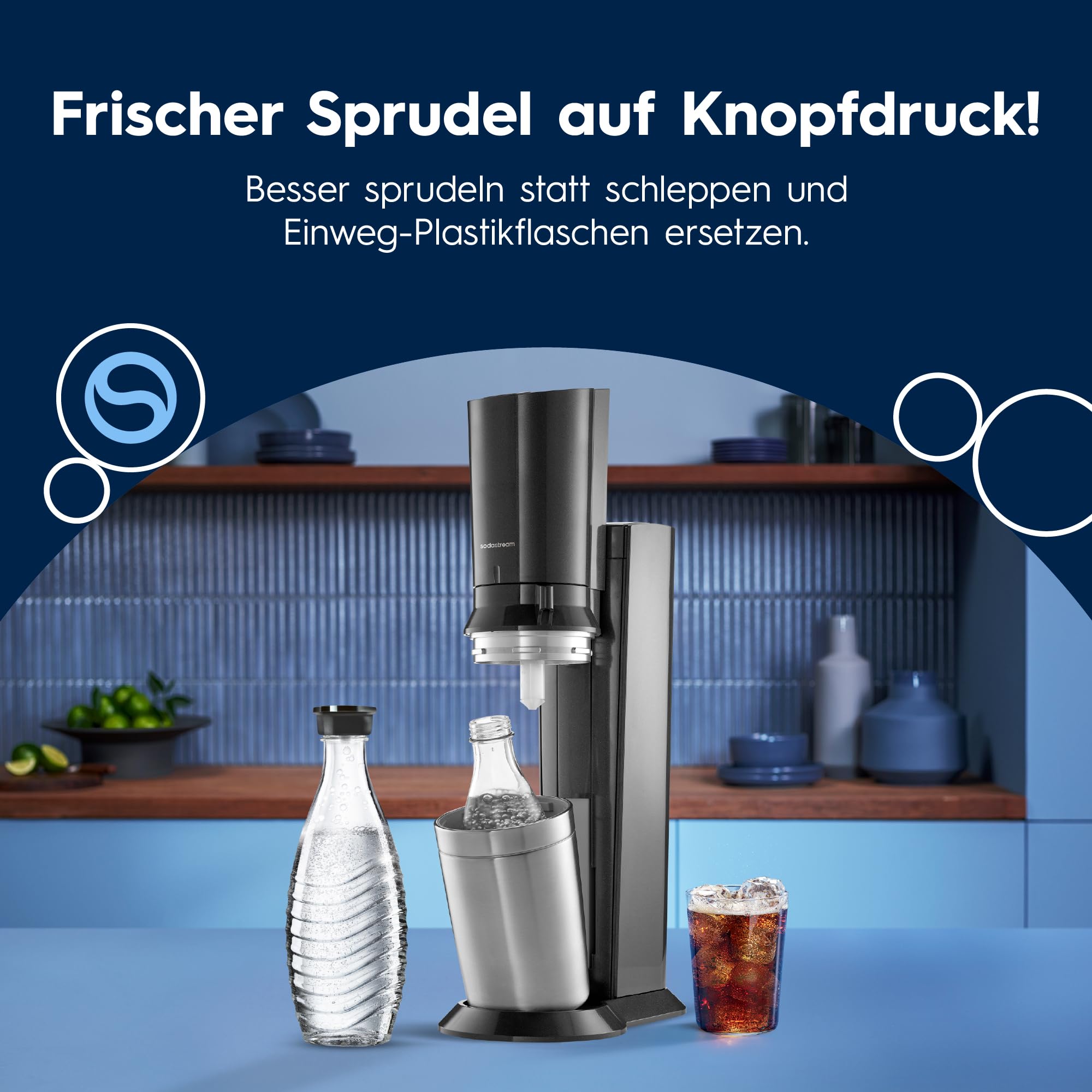 SodaStream Crystal 3.0 Wassersprudler mit Glaskaraffe, Quick-Connect CO2-Zylinder, 2x 0,7 L Glaskaraffen, Grau