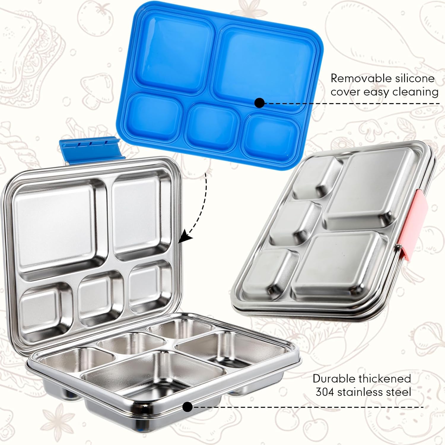 LemonRoad 2 Pack Stainless Steel Bento Boxes Metal Lunch Boxes with Lids 304 Stainless Steel Bpa-free Silicone Leak-proof Lid 5 Compartments Lunch Box Dishwasher Safe, Ideal for Office Travel