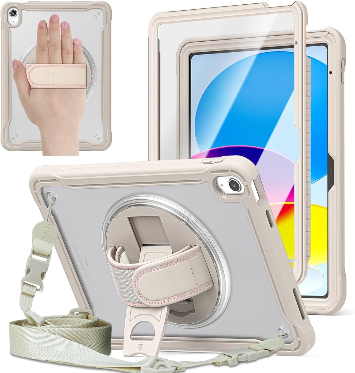 ZenRich Clear Case for iPad 11th (A16)/ iPad 10th Generation 10.9 inch 2025/2022, Shockproof Slim Hard Case with Screen Protector/Pencil Holder/360°Rotating Kickstand/Handle/Carrying Strap, Khaki