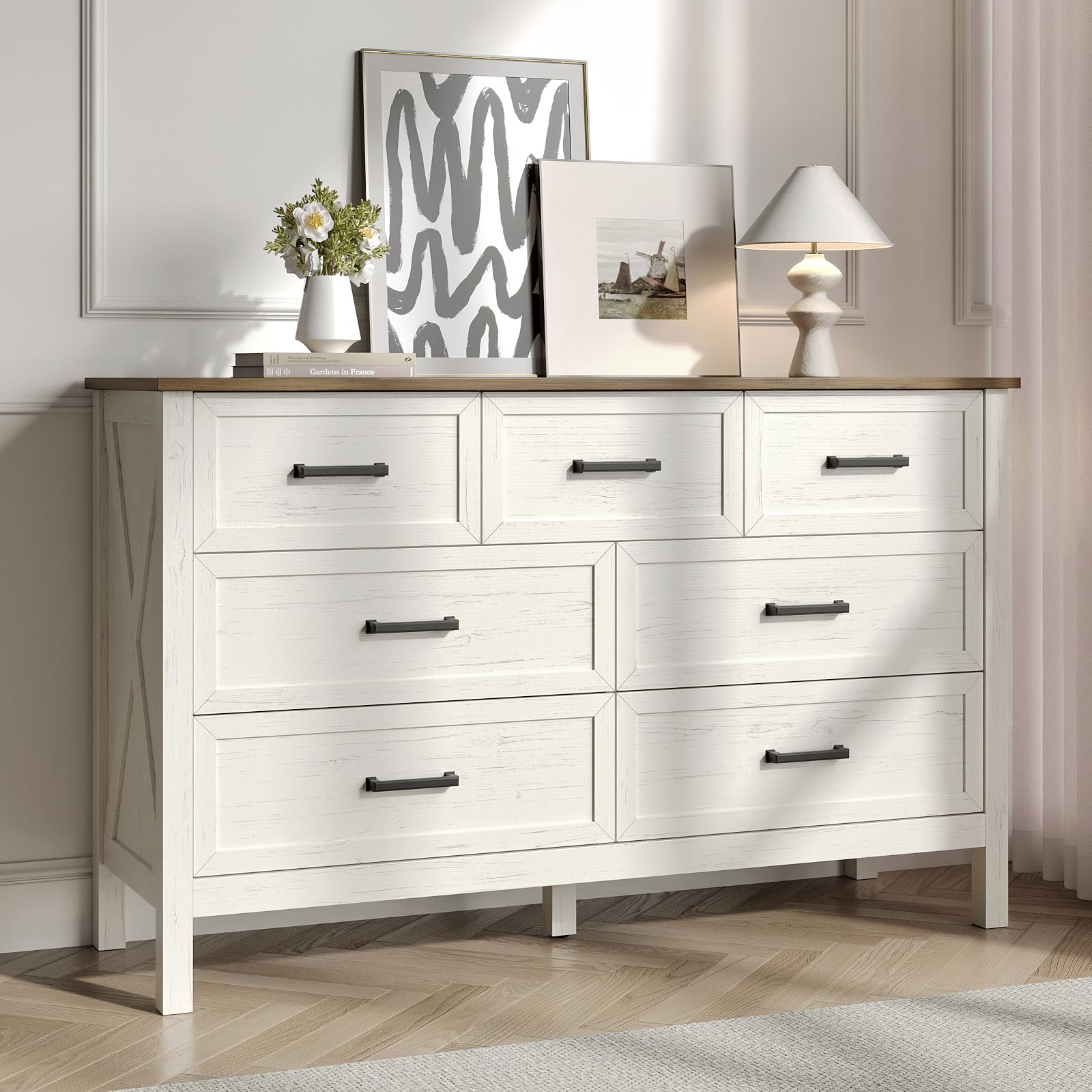 BAZELOR Farmhouse 7 Drawers Dresser for Bedroom, Modern Dresser with Metal Handle, Natural Texture, Wood Rustic Chest of Drawers for Bedroom,Living