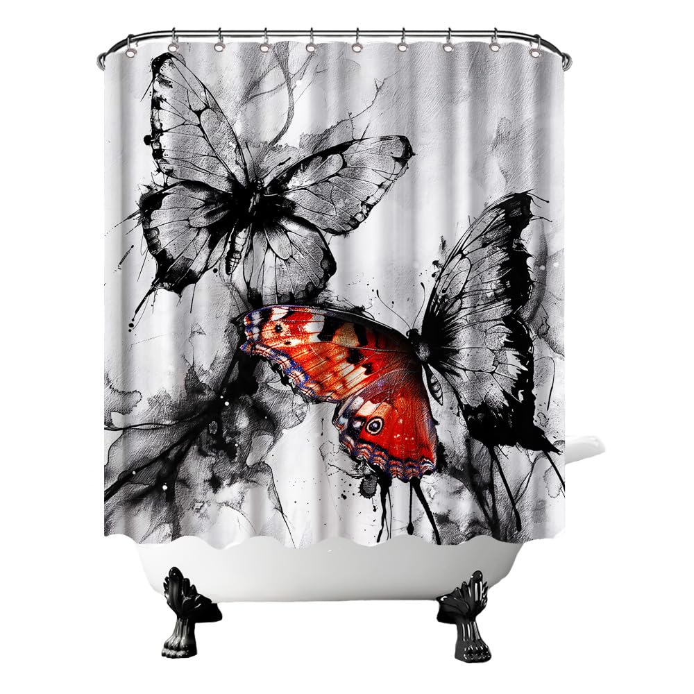 Conipit Butterfly Shower Curtains for Bathroom Black Red Ink Painting Shower Curtain Watercolor Butterfly Bathroom Curtain 72"x72" with 12Pcs Hooks(