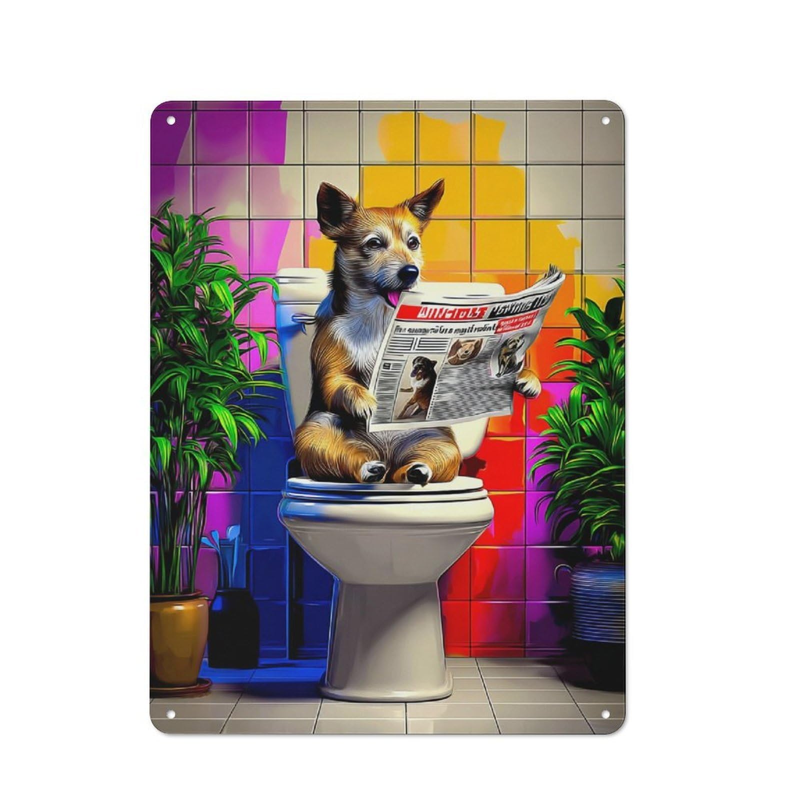 Junmoney Dog Reading Newspaper On Toilet-5 Metal Wall Plaque With Design 40X30cm, Retro Small Space Decor For Flat, Dorm Room, Lounge Or Cafe