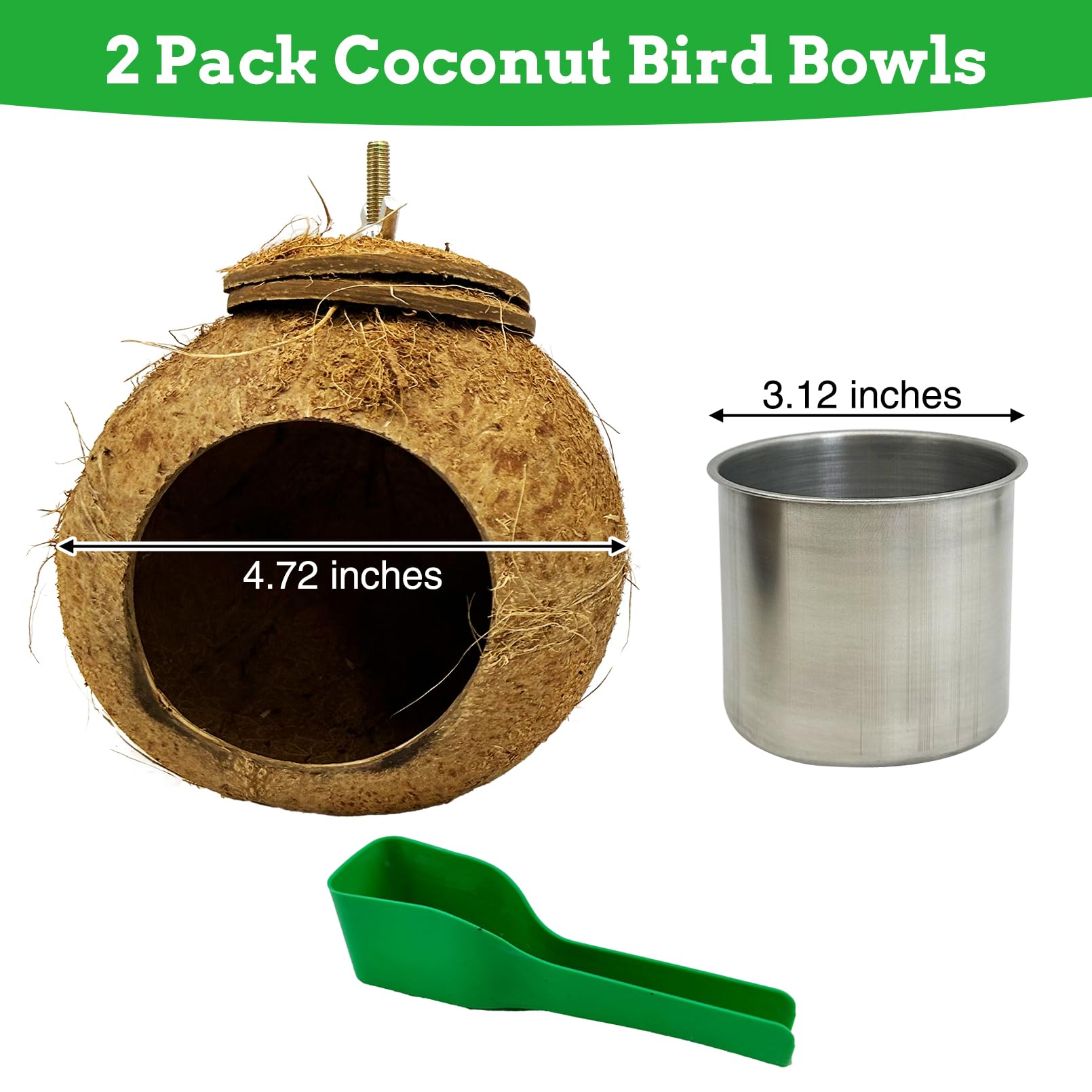 Coconut Bird Bowls for Cage 2-in-1 Coconut Shell Birds Feeder Set of 2 Hanging Parrot Cage Feeders Natural Parakeet Food and Water Dishes for Lovebirds Finches Budgies Cockatiels - image 2
