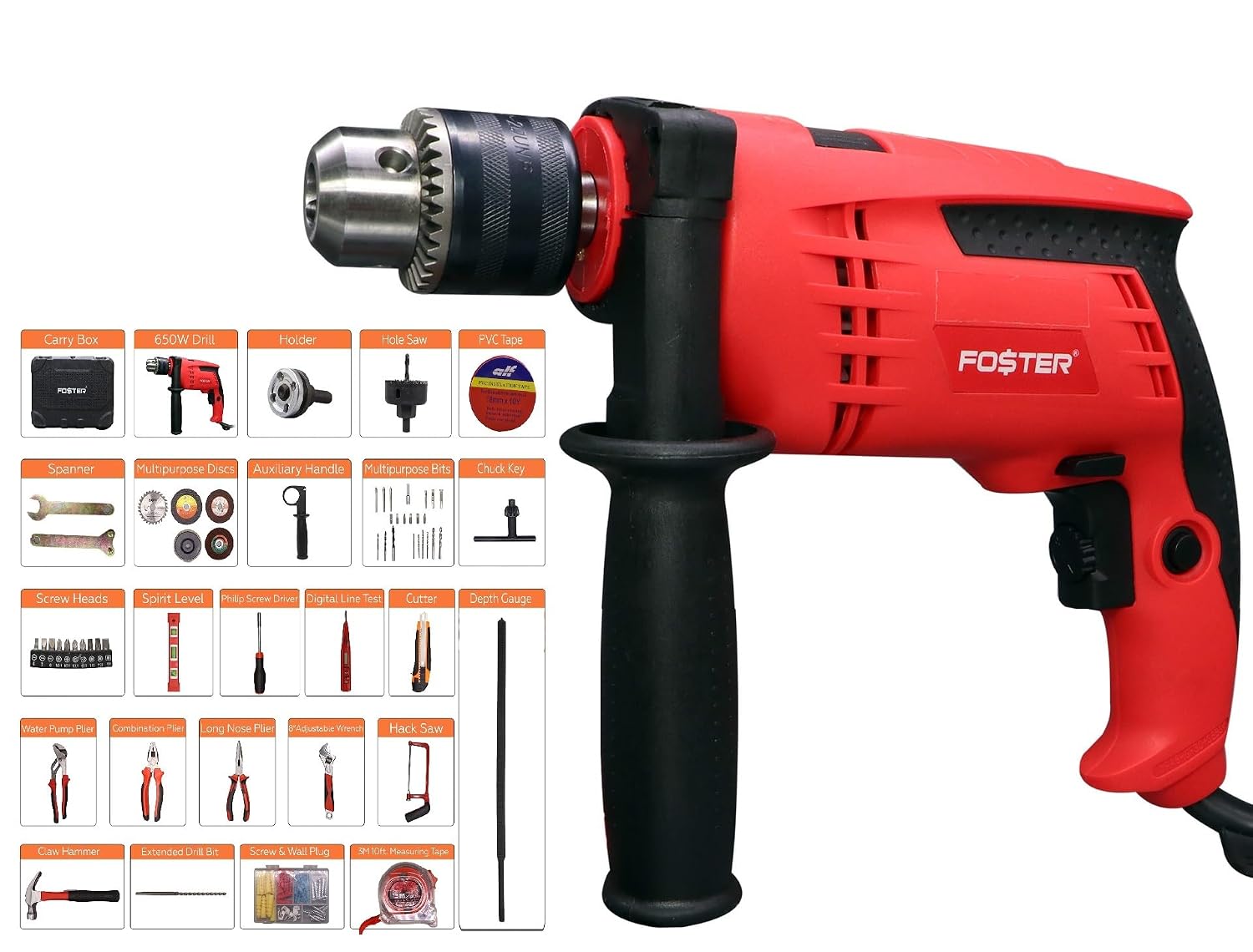 Foster Fk-5513 Pro Reversible Impact Driver Drill Machine 160Pcs Hand Tool Kit (13Mm Chuck Size, 650W)