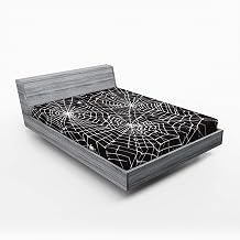 Lunarable Spiderweb Fitted Sheet, Greyscale Halloween Style Web Design Composition Scary Themes Print, Bed Cover with All-Round Elastic Deep Pocket for Comfort, Full Size, Pale Pink Dark Green