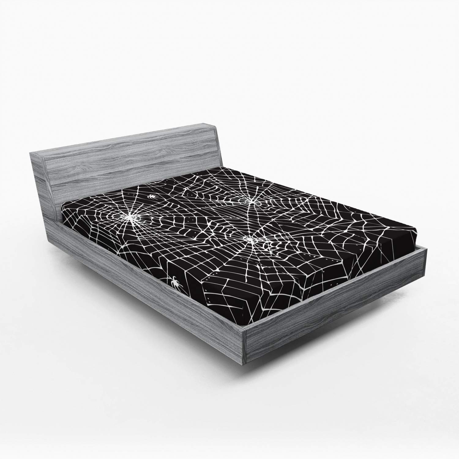 Lunarable Spiderweb Fitted Sheet, Greyscale Halloween Style Web Design Composition Scary Themes Print, Bed Cover with All-Round Elastic Deep Pocket