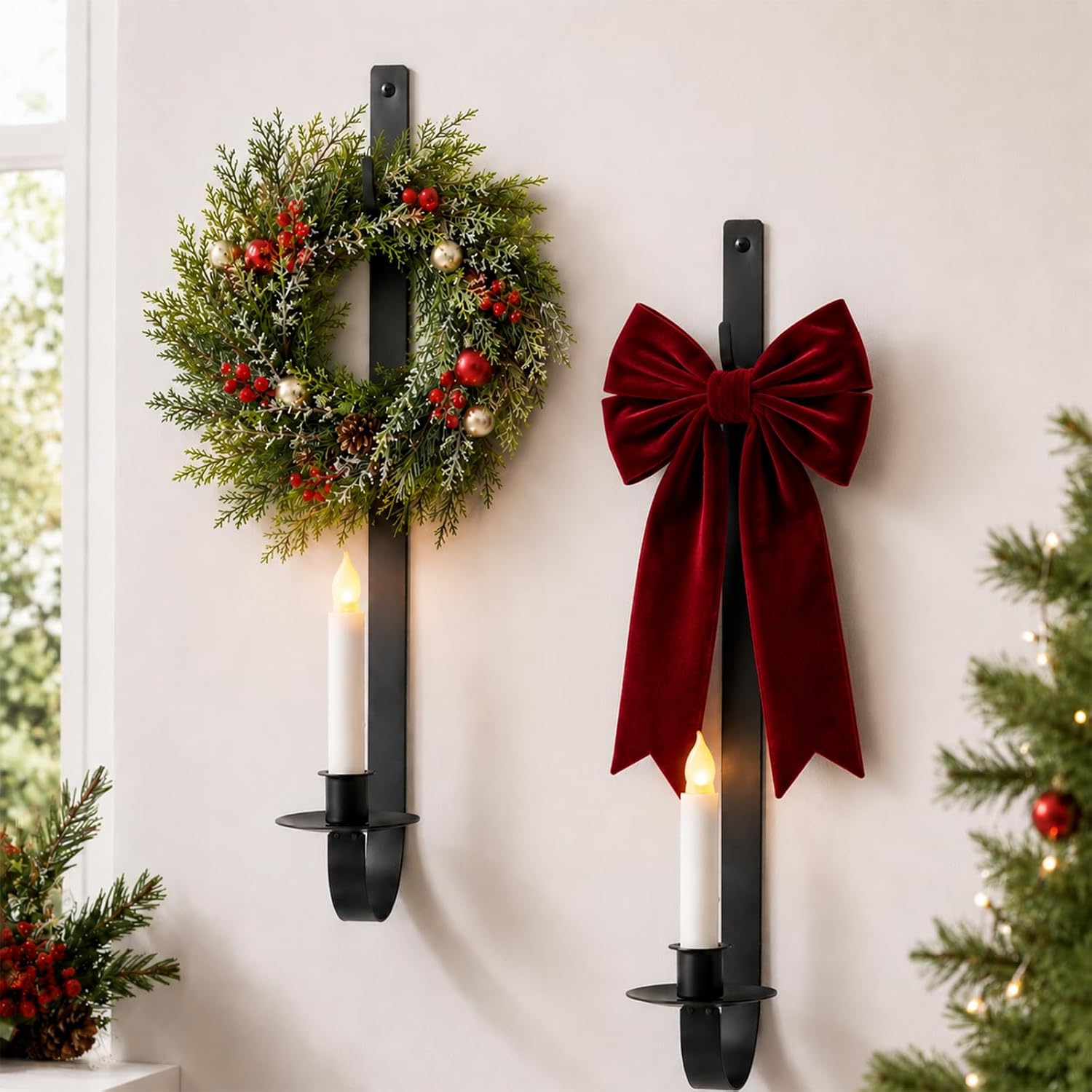 LemonRoad 2 Sets 16.1" Christmas Metal Wall Wreath Candle Holder, Black