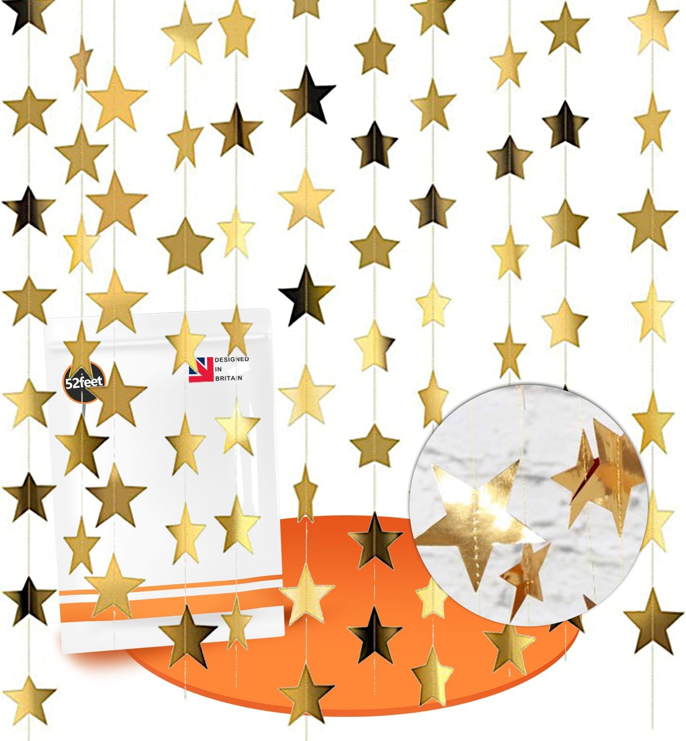 52 Feet Gold Star Garland, DuaYa Star Bunting, Star Decorations ...
