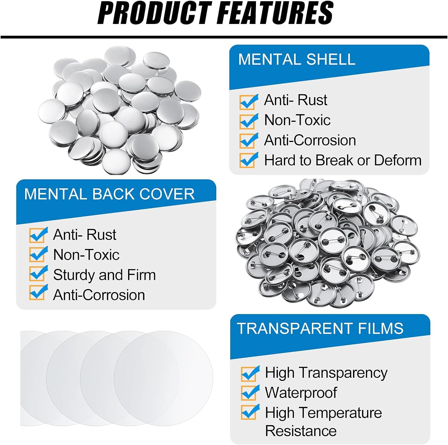 200 accesorios para hacer botones en blanco para máquina de hacer botones, 58 mm, pin redondo para insignia, parte trasera de plástico, lámina transparente y papel en blanco, 58 mm