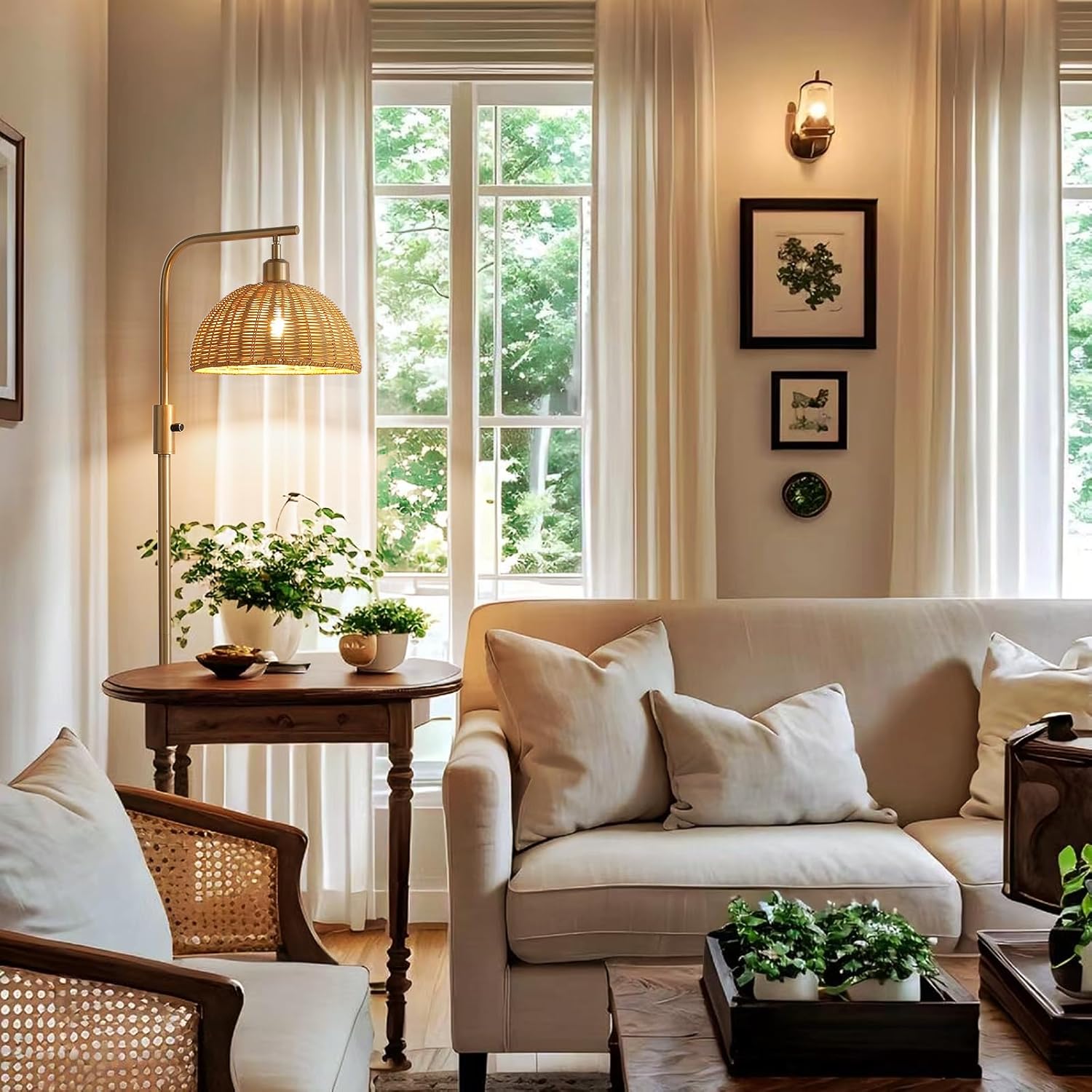 Boho Floor Lamp for Living Room: Rattan Floor Lamp for Bedroom - Gold Standing Lamp with Dimmable Tall Lamp,No Bulb