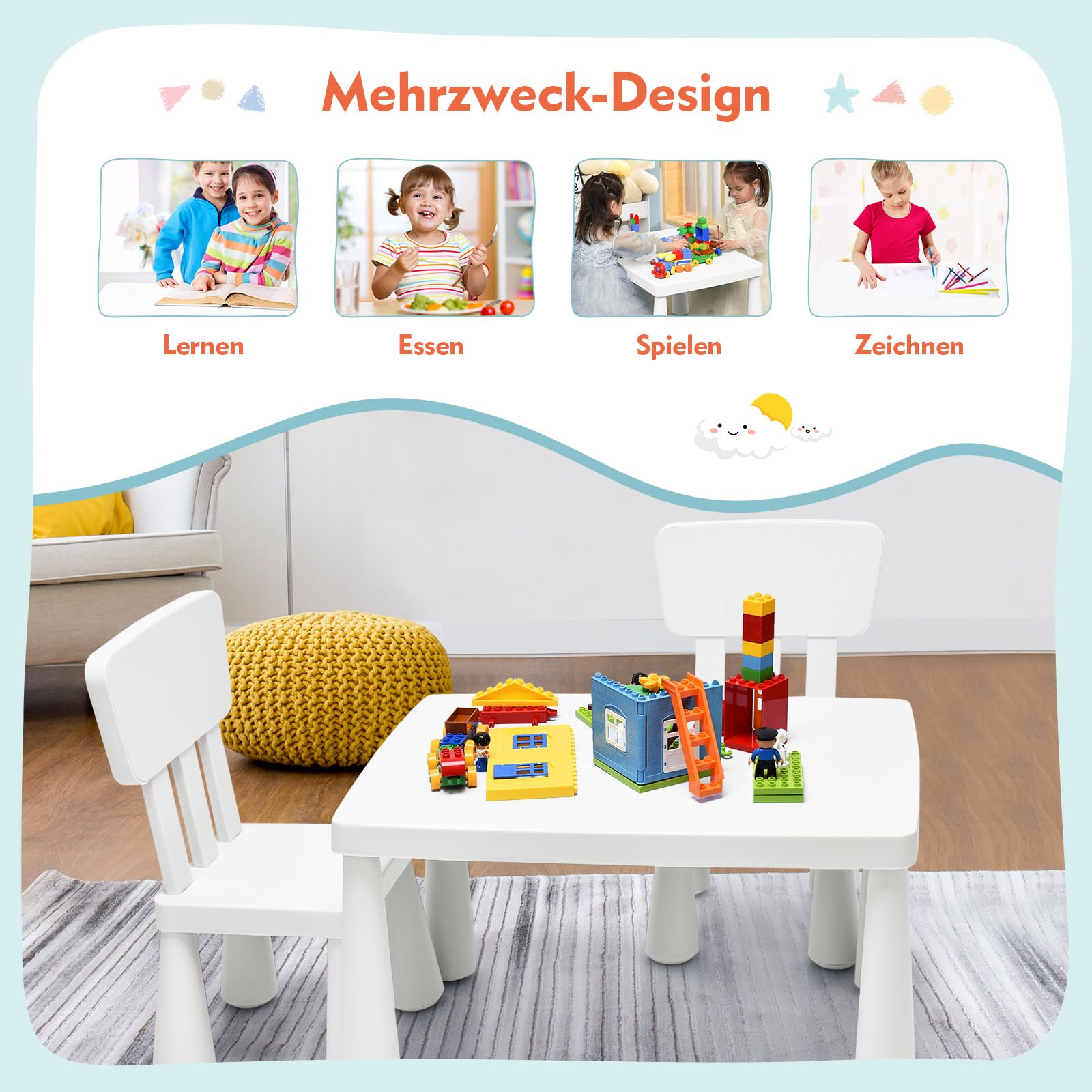 GOPLUS Kindersitzgruppe aus Kunststoff, Kindertisch mit 2 Stühlen, Stuhl mit Rückenlehne, mit Runden Kanten, für Junge und Mädchen, für Kinderzimmer (Weiß)