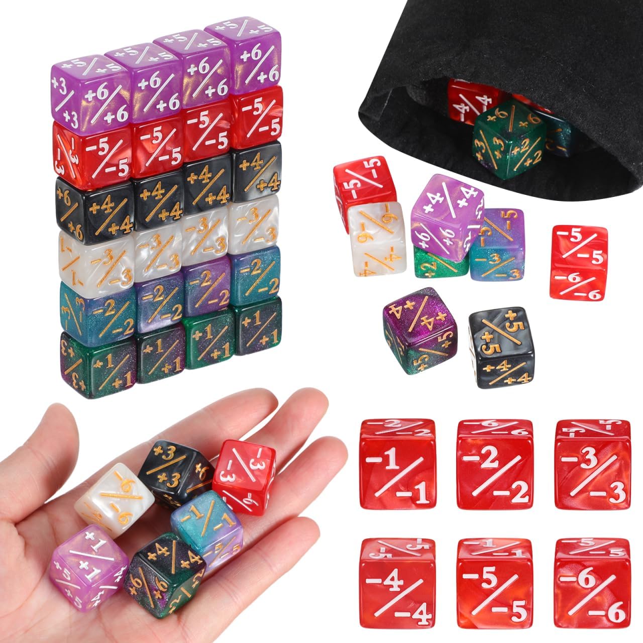 48Pcs 1/+1 Token Dice Counter, 0.63in 6 Color D6 Plus Minus Dice Set, Acrylic Board Game Accessory with Bag, Compatible with MTG Counter, CCG, Card Games