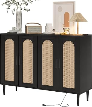 Rattan Sideboard Buffet Cabinet with Storage, Console Table Coffee Bar w/Power Outlet, 4-Door Cabinet with Adjustable Shelves,Modern Bar Cabinet for Kitchen, Dining Room, Hallway,Black