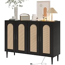 Jojoka Rattan Sideboard Buffet Cabinet with Storage, Console Table Coffee Bar w/Power Outlet, 4-Door Cabinet with Adjustable Shelves,Modern Bar Cabinet for Kitchen, Dining Room, Hallway,Black