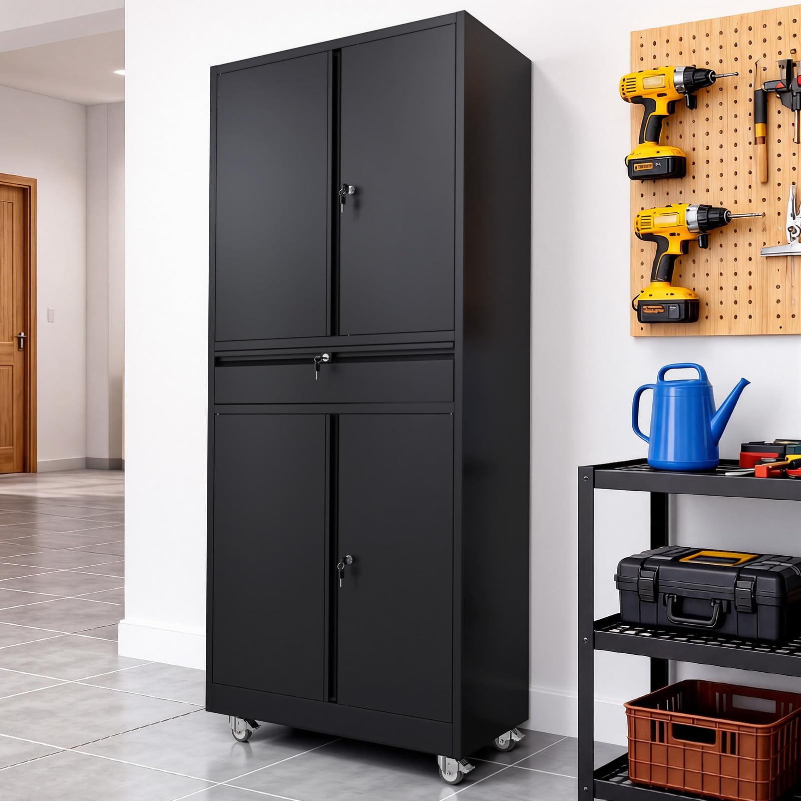 Bonnlo Tall Metal Cabinet with Wheels, 4 Doors& 1 Drawer lockable Cabinet