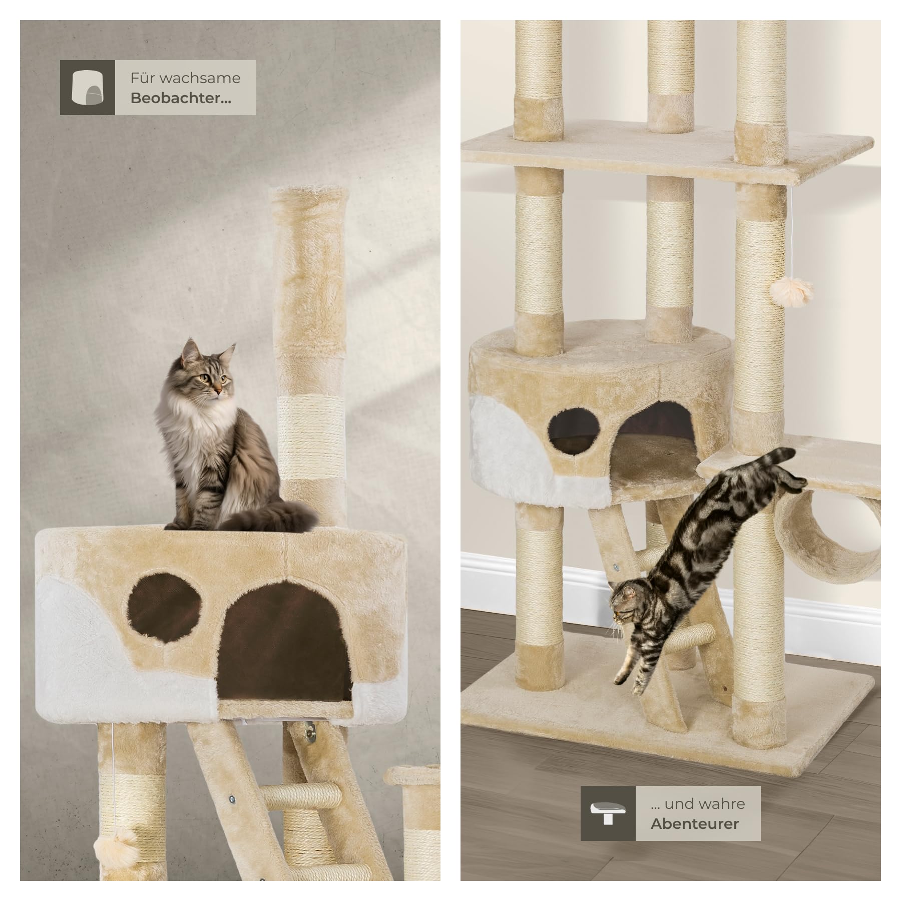 tectake Katzen Kratzbaum, Katzenbaum XXL, Kratzbaum deckenhoch, höhenverstellbar von 243-260cm, Kletterbaum mit Treppe, Höhle, Röhre, Liegemulde und Sisalsäule - beige/weiß