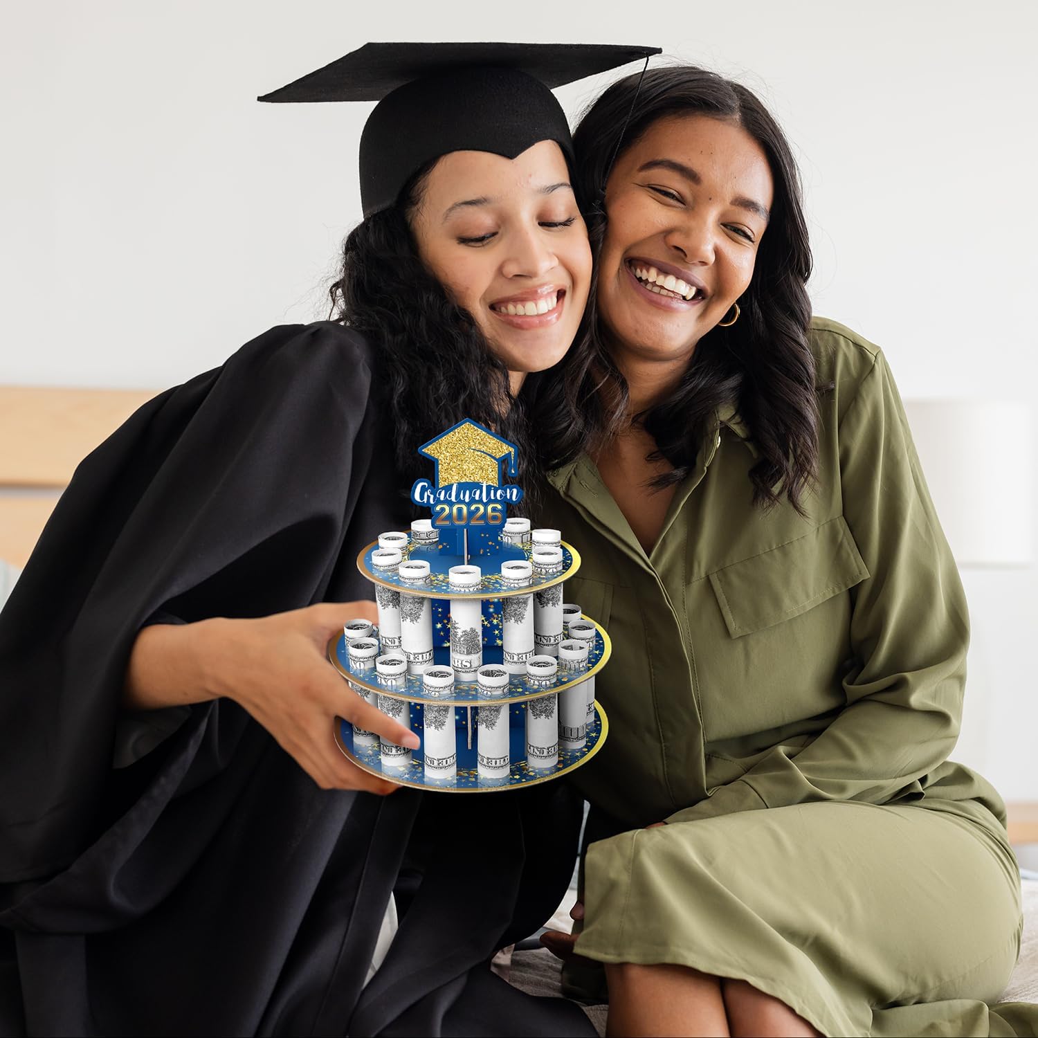 2026 Graduation Money Gift Holder, Celebration Cash Cake Stand with 24 Bill Slots, Graduation Money Tree for Women Men High School College Congrat Grad, Party Display Decorative - Blue and Gold image 5