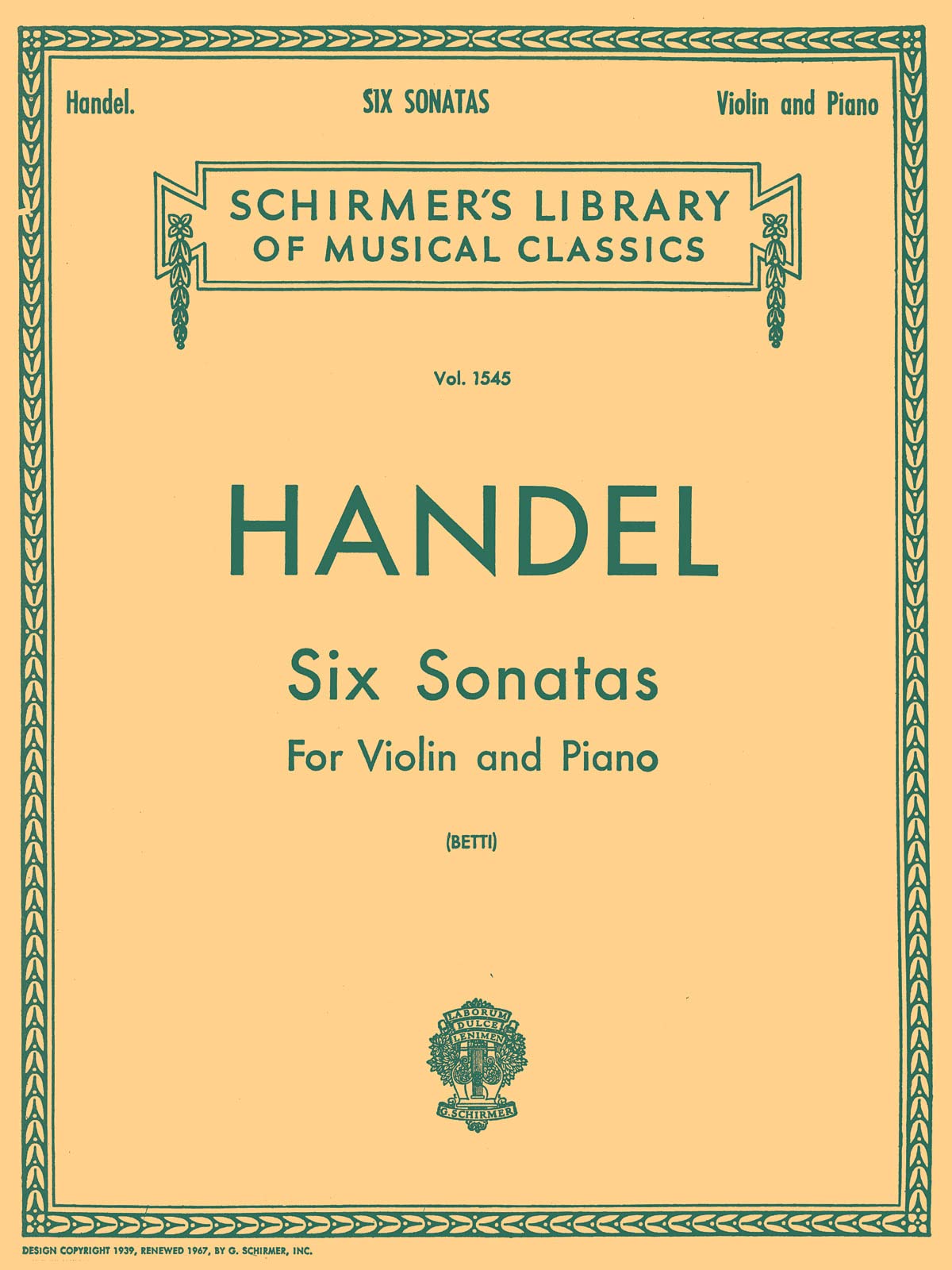SIX (6) SONATAS VIOLIN PIANO (Schirmer's Library of Musical Classics, 1545)