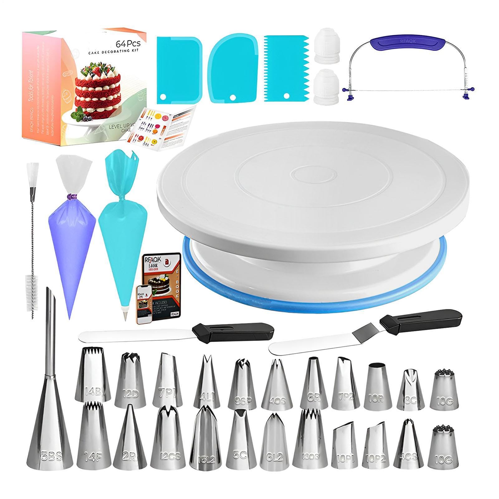 Generisch Kit de decoración de pasteles – 64 herramientas profesionales | con plato giratorio incluido, instrucciones fáciles de principiantes, distribuir eficientemente accesorios para hornear para