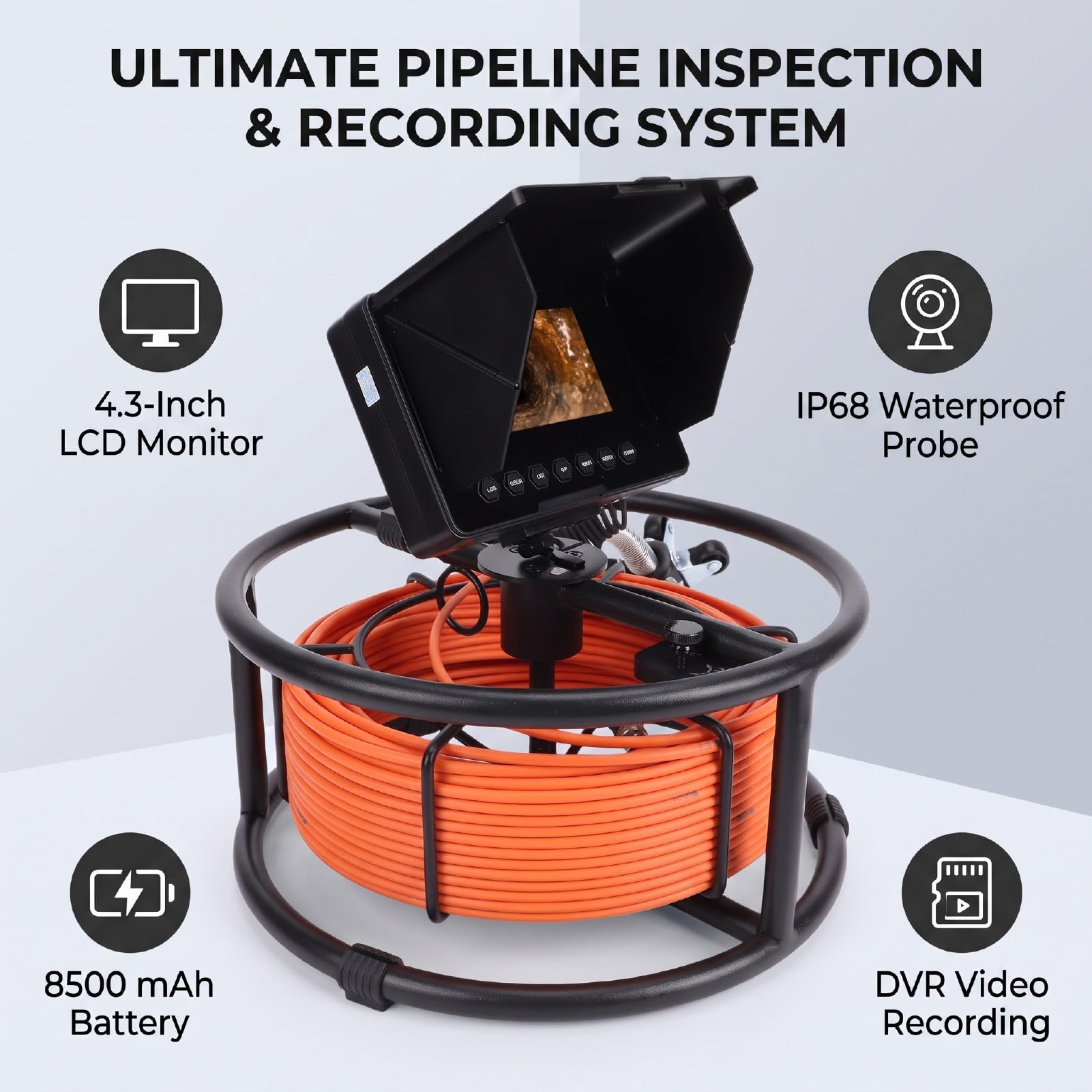 Cámara de Inspección de Alcantarillado, Grabación Industrial DVR (F2543DC23-20M-K) | Sonda a prueba de agua IP68, diámetro de 23 mm, lente gran angular de 145°, 8500 mAh, tarjeta de 32 GB, para tubería