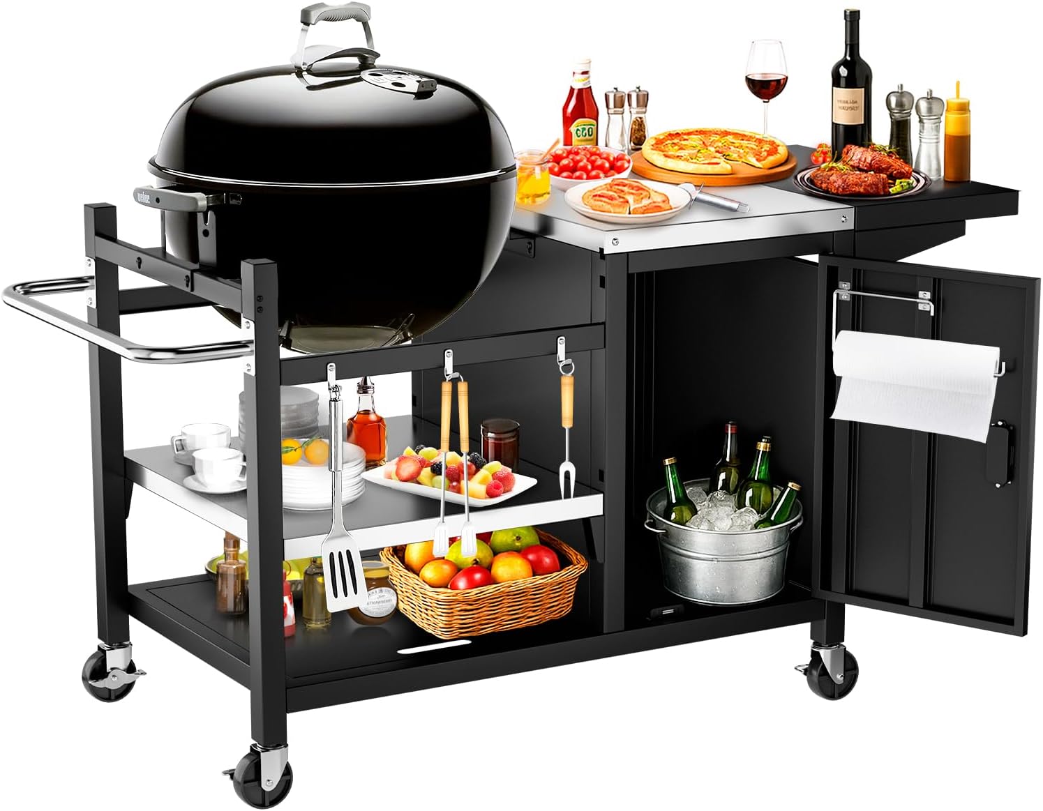 Utheer Grill Table Cart for Weber Kettle 22" Charcoal Grill, Big Green Egg, AKORN Jr – Oversized 47.7"x32.2" Surface (30% Larger) with 3-Level Adjustable Shelf, Storage Cabinet, Hooks & Towel Holder