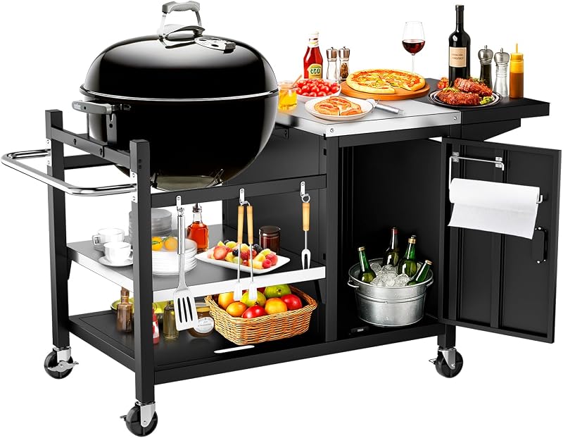 Carro de mesa para parrilla para hervidor Weber de 22", Big Green Egg, AKORN Jr | Encimera de 300 lb con estante de 3 niveles, gabinete de 27 pulgadas que mantiene el carbón, las herramientas y las toallas organizados para asar en el patio