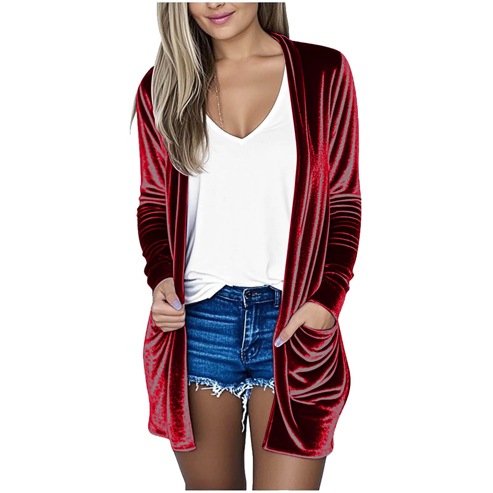 Womens Velvet Fashion Cardigan Lightweight Soft Comfy Open Front Sweater Tops Long Sleeve Casual Outfits with Pockets