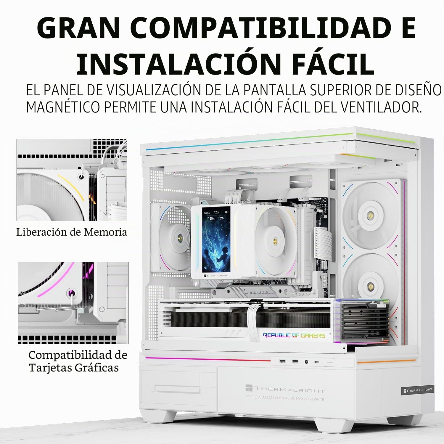 Thermalright Peerless Assassin 120 Vision MAX ARGB White CPU Cooler, PC Heatsink, pantalla magnética de 5" con resolución 480x854, para AM4/AM5 e Intel LGA1700 / 1851