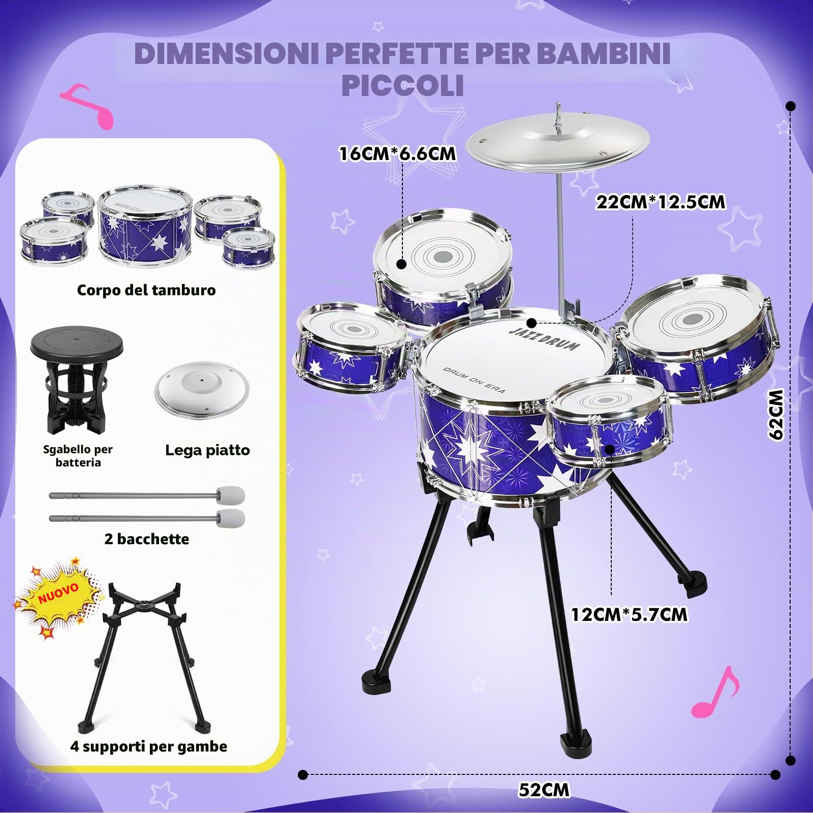 Giocattolo Batteria per Bambini Strumenti Musicali 3+ Anni | Kit Batteria Jazz per Bambini con Sgabello, Giocattolo Musicale per Ragazze Ragazzi di 3 4 5 Anni Regalo