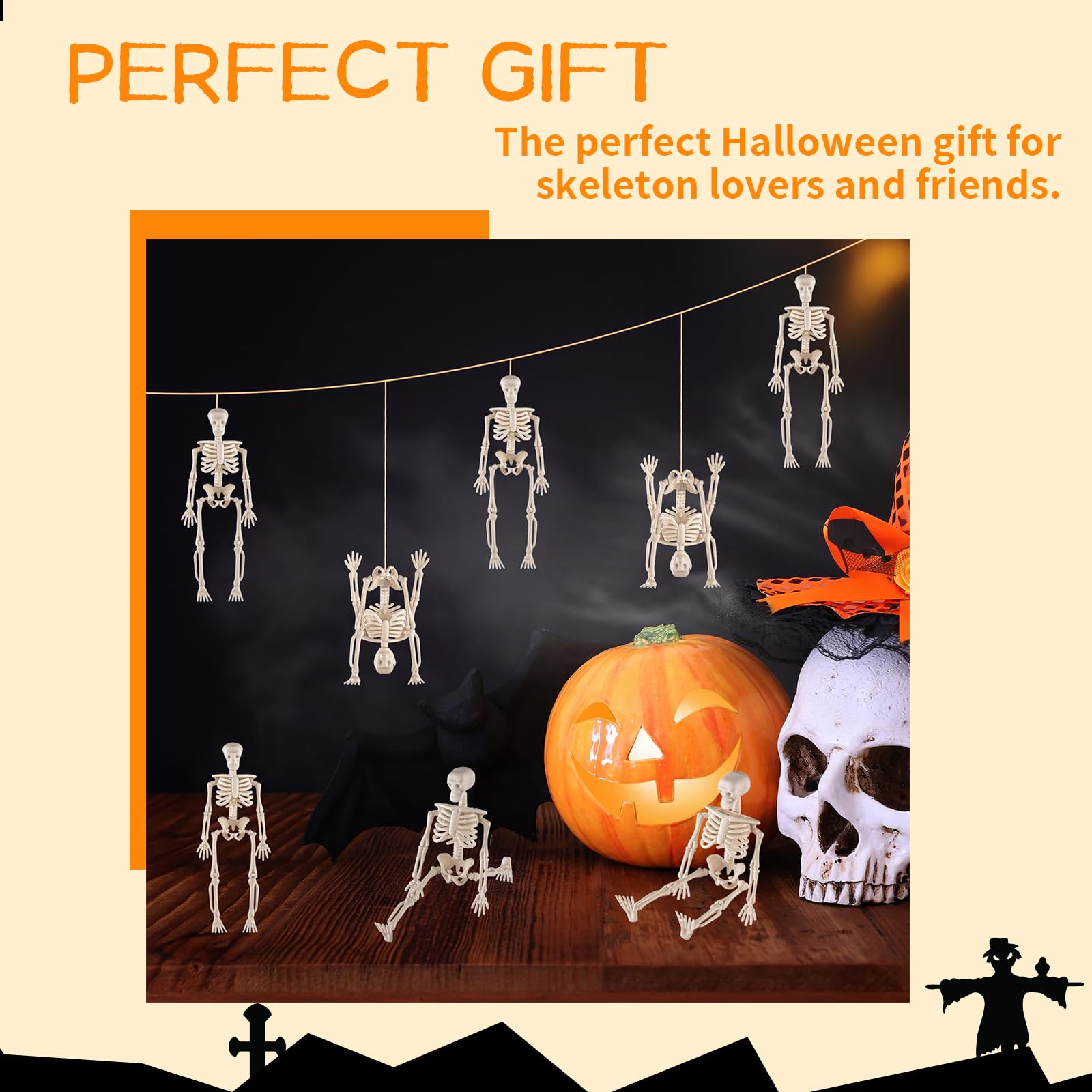 Hebterrka 8 sztuk dekoracyjnych mini szkieletowych figurek na Halloween, 15 cm, wysuwane plastikowe szkielety na straszną dekorację domu na Halloween, dekoracja domu duchów i prezenty na imprezę