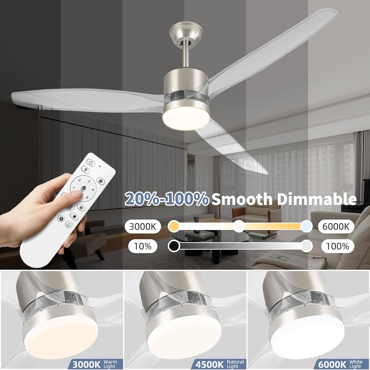 Condition photo showing New/Like New for OKELI 52" Smart Ceiling Fan with Light, WiFi Enabled for Alexa & App Control, Reversible Brushed Nickel Modern Ceiling Fan with Dimmable LED Light and Remote, Clear Blades for Living Room Bedroom Brushed Nickel-Smart 52 inch