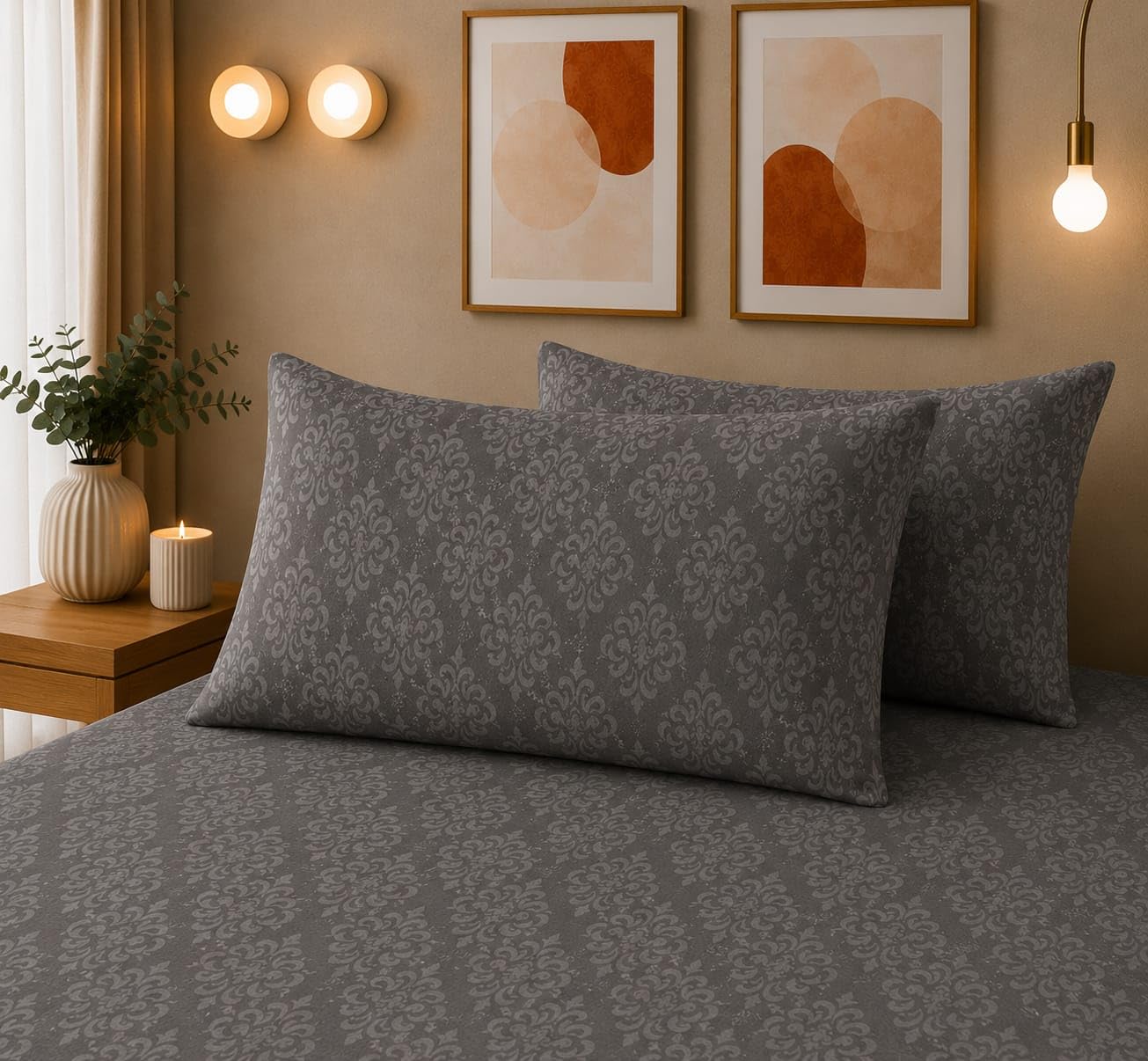 THE HOME STYLE Super Soft Glace Cotton King Size Printed Pillow Covers ll Pillow Cases ll Set of 2 Piece- 18"x 28" Inches (Ash Grey Barocca)