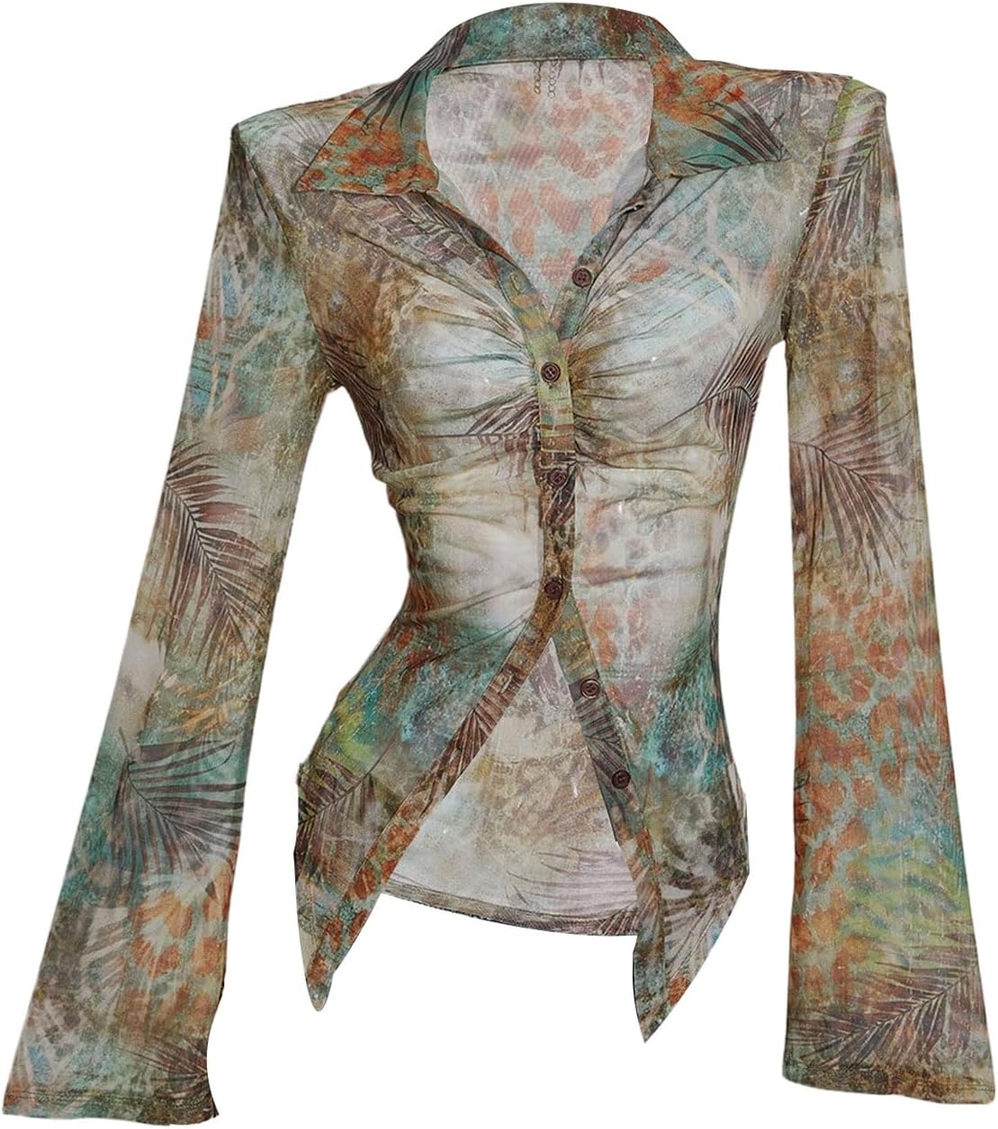 OYOANGLE Women's Tropical Print Button Down Sheer Blouse Flare Long Sleeve Ruched Collared Shirts Going Out Tops
