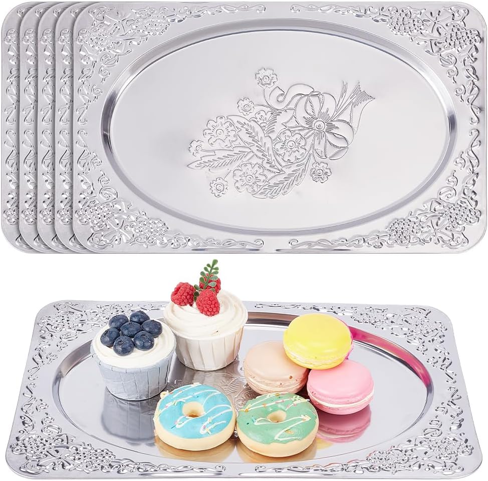 ORIGACH 6 Pack 13.78x8.46 Inch Large Sliver Serving Trays Set, Engraved Floral Mirror Tray, Stainless Steel Tableware Platters for Cookies, Fruit, Desserts, Wedding & Birthday Display