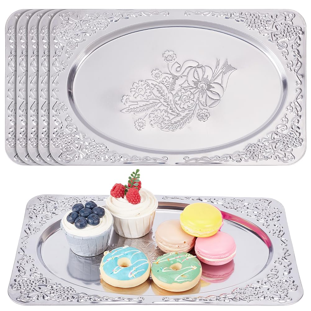 ORIGACH Set di 6 vassoi da portata grandi in argento, 35 x 21 cm, con incisione floreale a specchio, piatti da tavola per biscotti, frutta, dessert, esposizione di matrimoni e compleanni