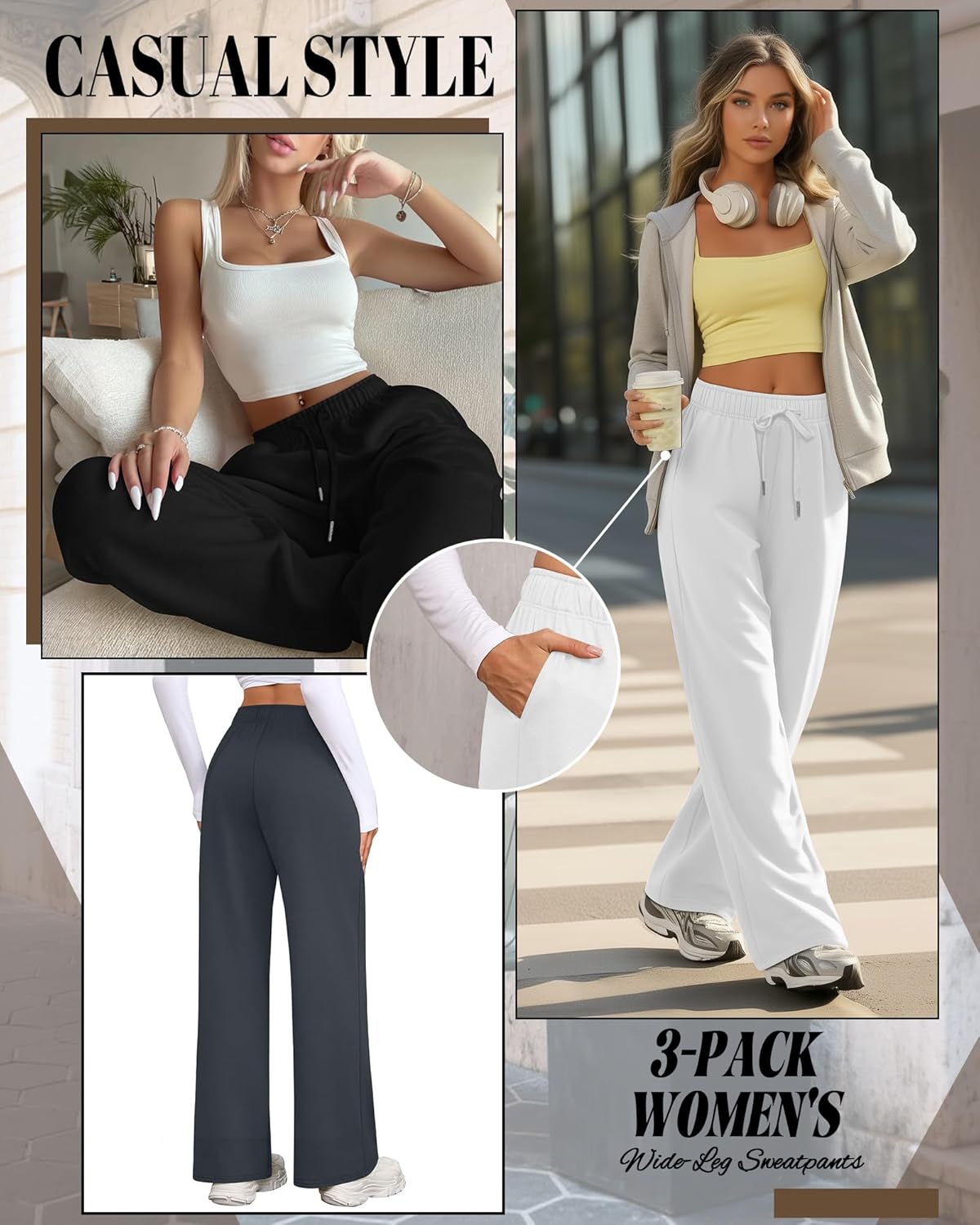 Riyiper 3 Pack Women Wide Leg Sweatpants Drawstring Straight Pants Elastic Waist Joggers Open Bottom Sweatpants with Pockets - Image 4