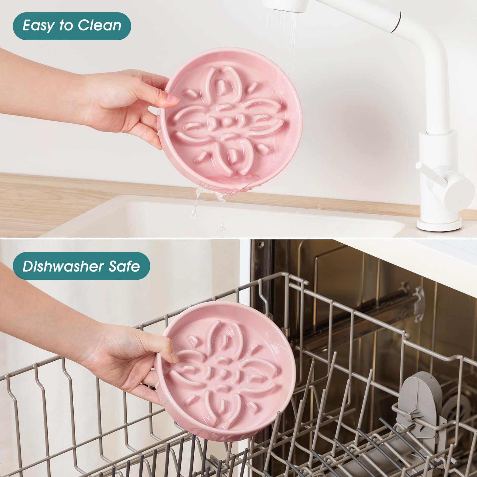 vancasso Ceramic Slow Feeder Dog Bowls, Puzzle Dog Food Bowls with Floral Maze, Anti -Slip Pet Food Dish for Small Breed, 0.6 Cups, Pink - image 5