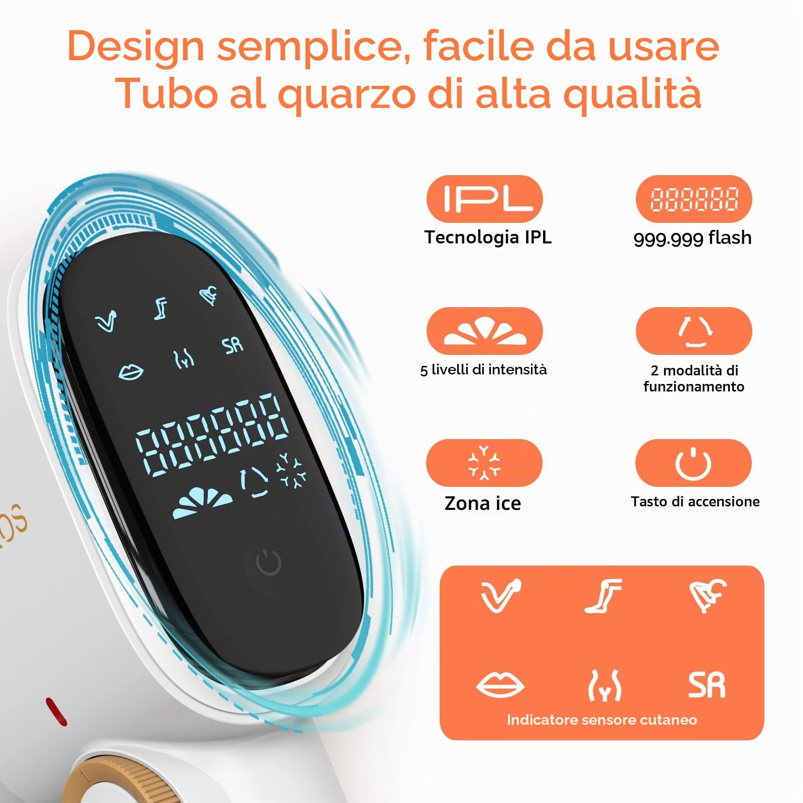 Epilatore Luce Pulsata, MORKOS IPL Epilatore Laser 999,999 Flash peli Donna e Uomo, Depilazione Indolore per Viso, Braccia, Gambe, Ascelle e linea Bikini, con 2 Modalità e 5 Livelli di Energia
