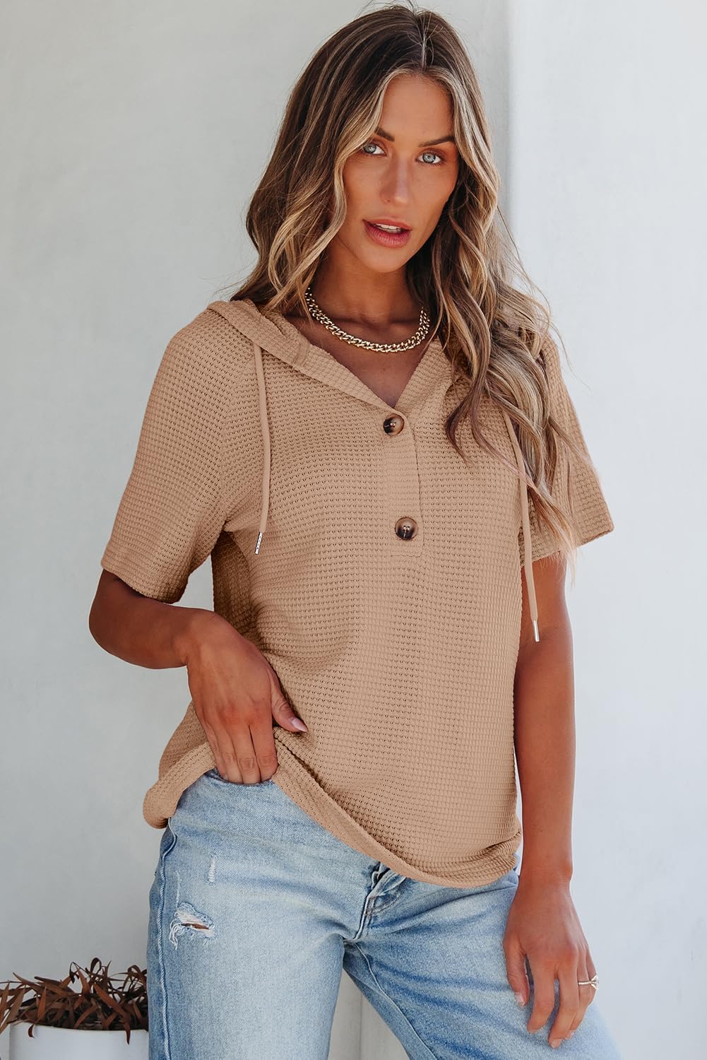 Dokotoo Womens Summer Tops Waffle Knit Short Sleeve Lightweight Drawstring Hoodies Button V Neck Casual Blouses Shirts - Image 3