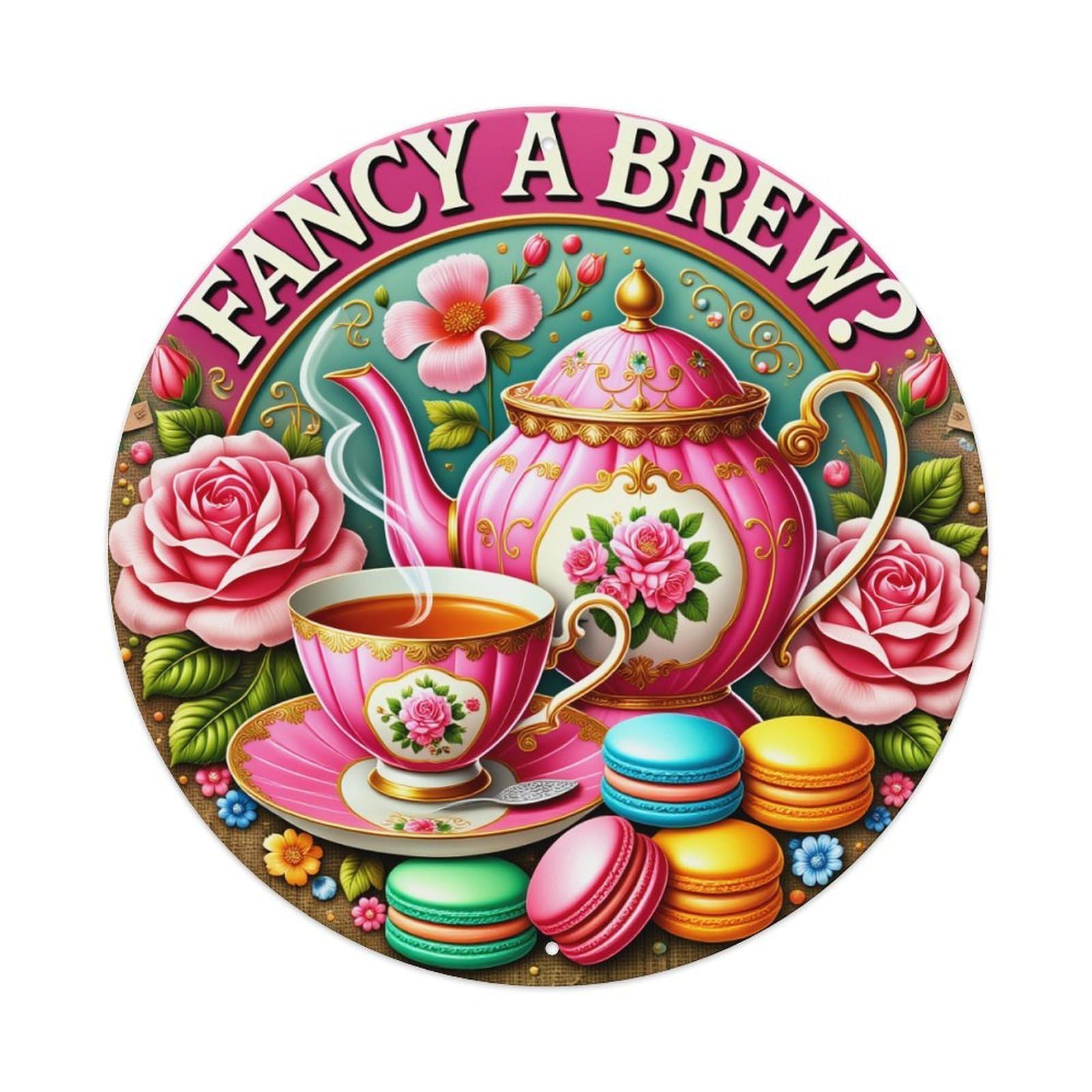 Floral Teapot Cup Macarons Roses Round Tin Sign Vintage Metal Poster, Home Bar Garage Man Cave Cafe Indoor & Outdoor Wall Decoration 8x8Inches